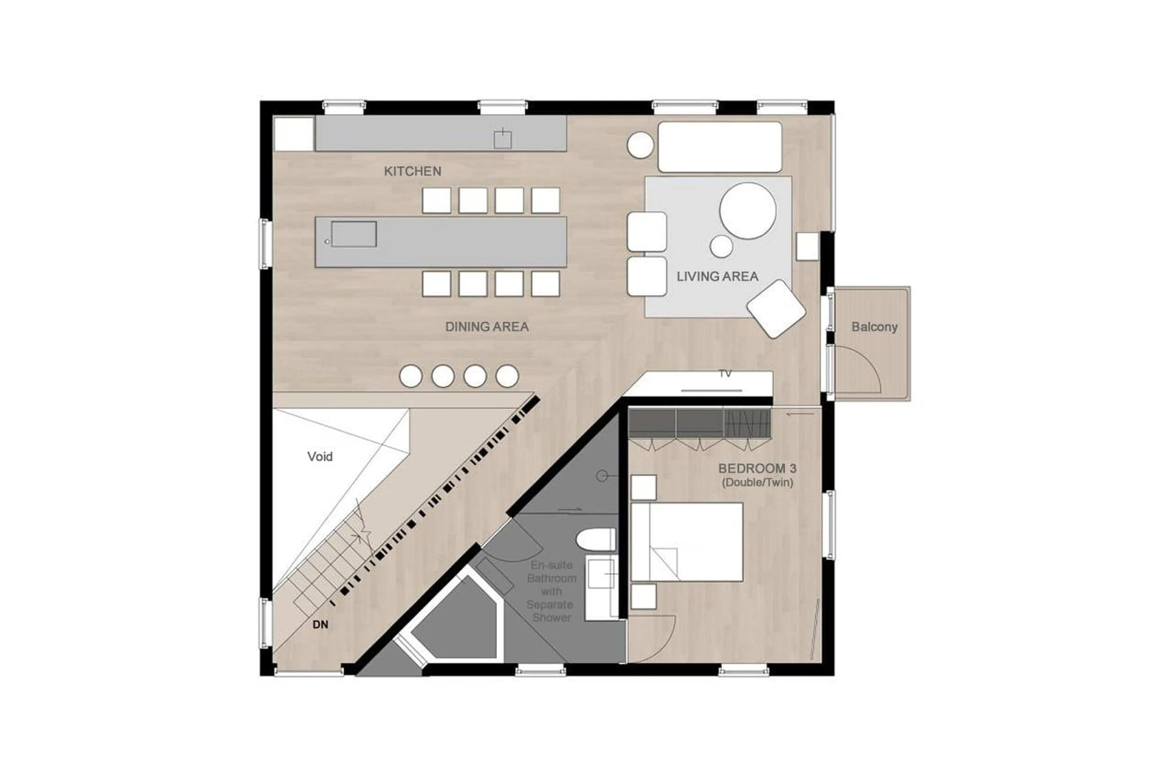 Top level floor plan of Chalet Foxwood E in Niseko