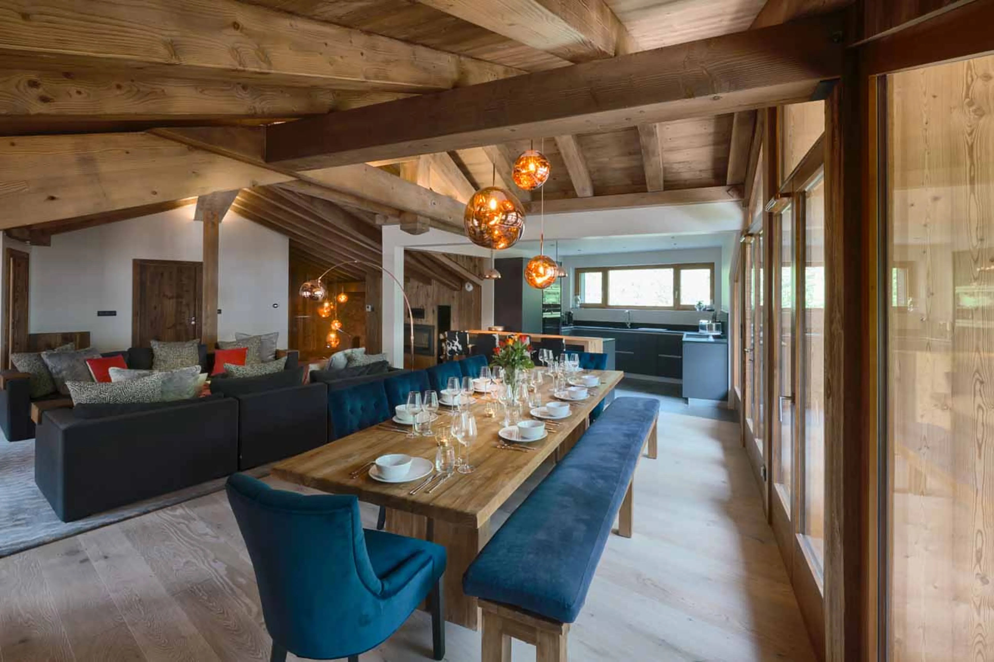 Open plan living area at Chalet Genepi in Morzine