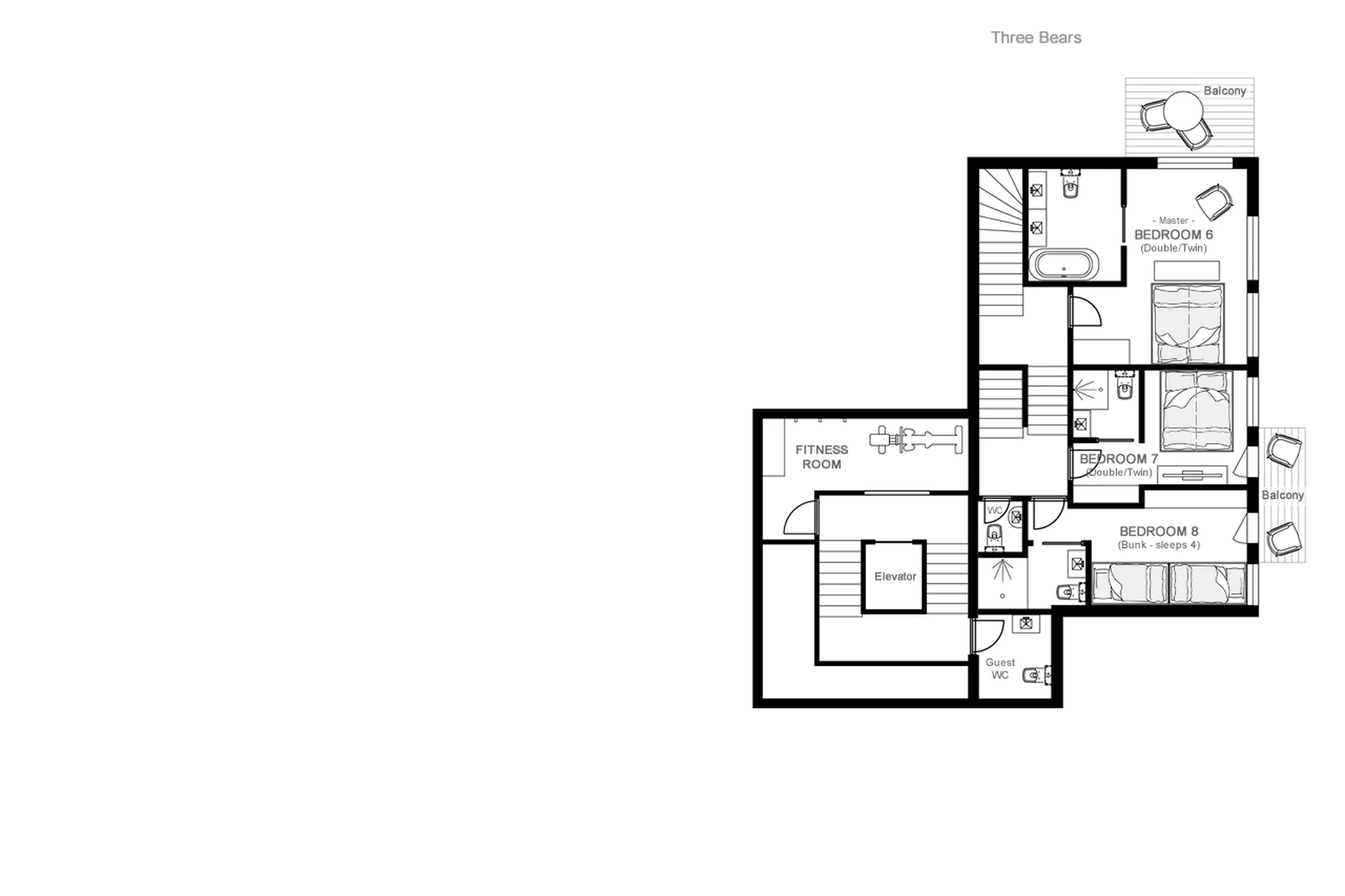 Upper ground floor plan of Chalet Goldilocks and Three Bears in Morzine