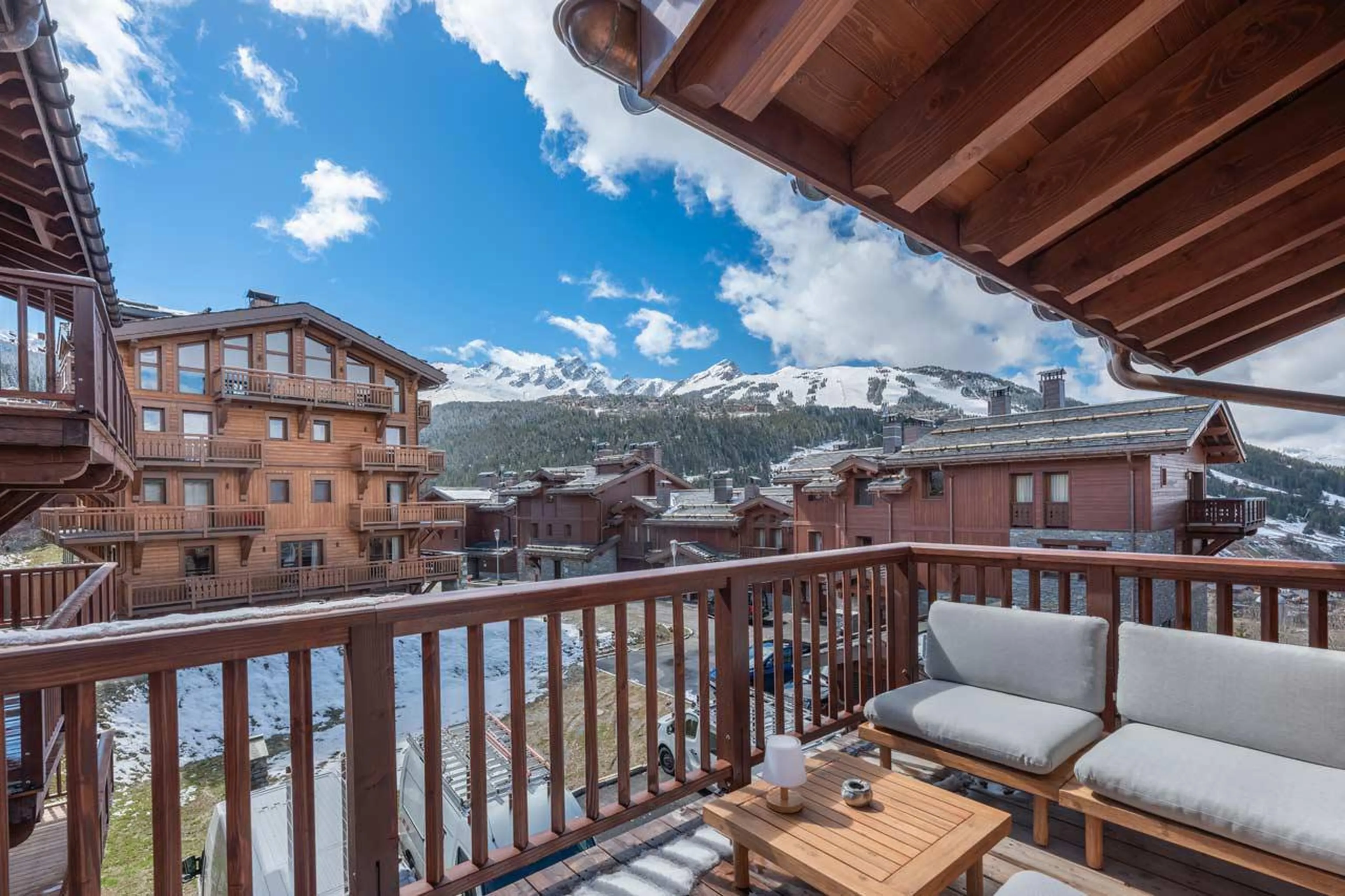 Outdoor seating on balcony in Chalet Goyard, Courchevel 1650