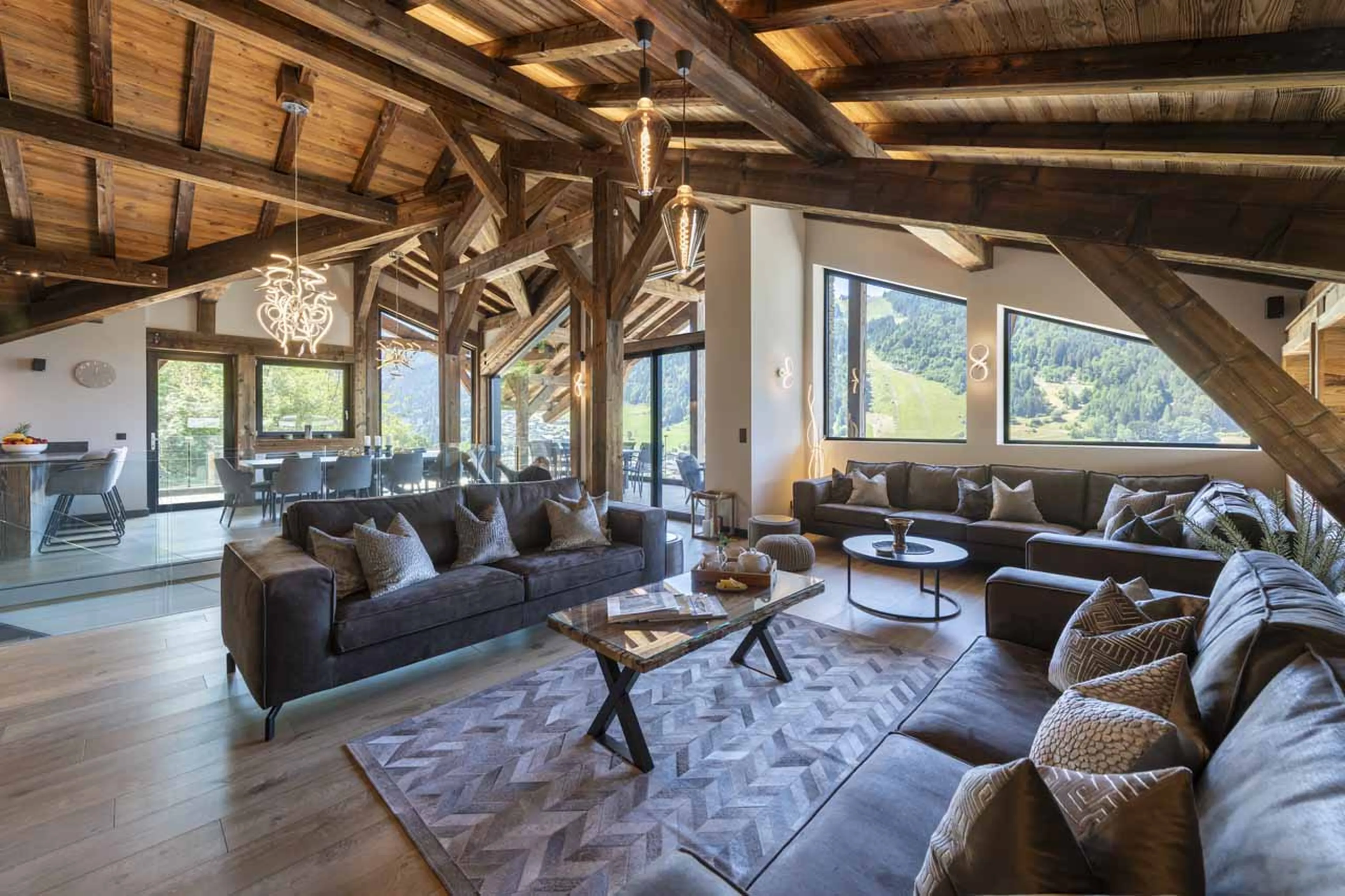Open plan living area at Chalet Griffonner in Morzine