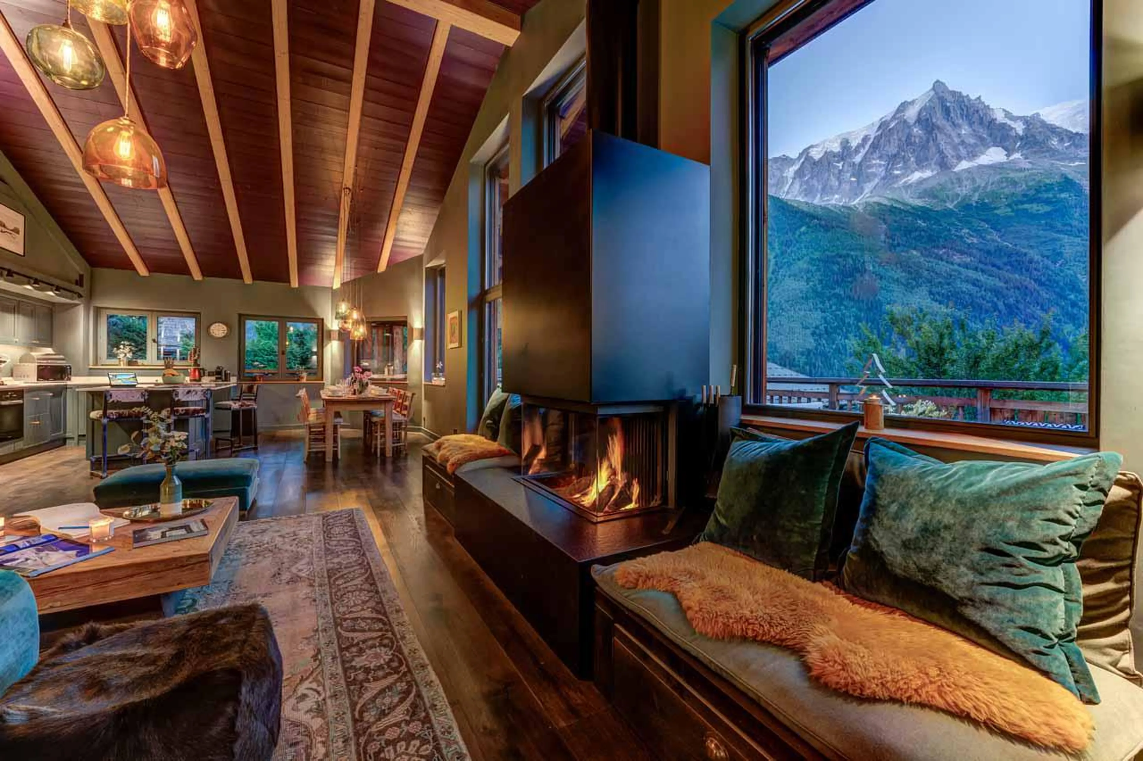 Fireplace in living area of Hibou in Chamonix