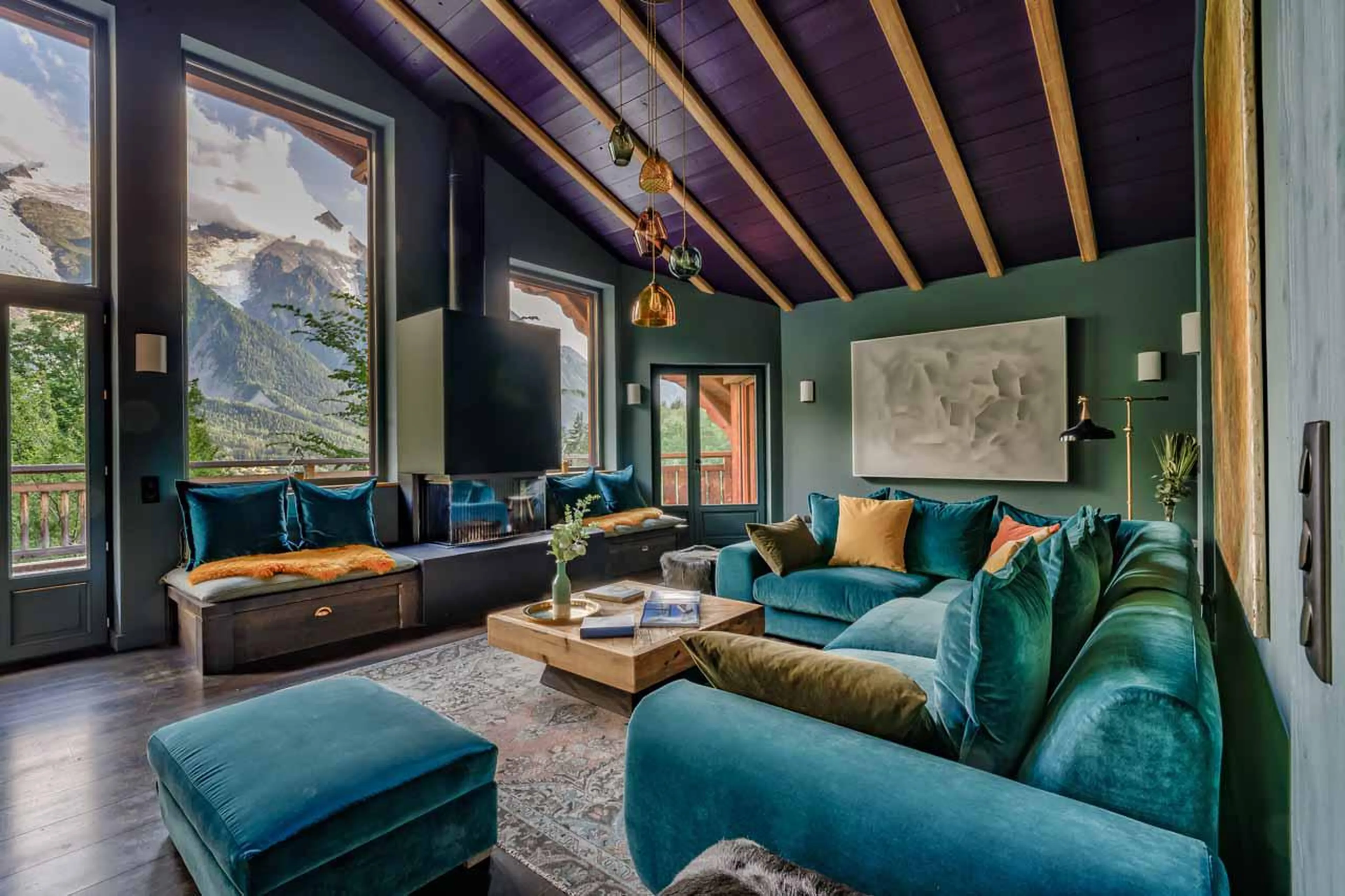 Sofas in living area of Hibou in Chamonix