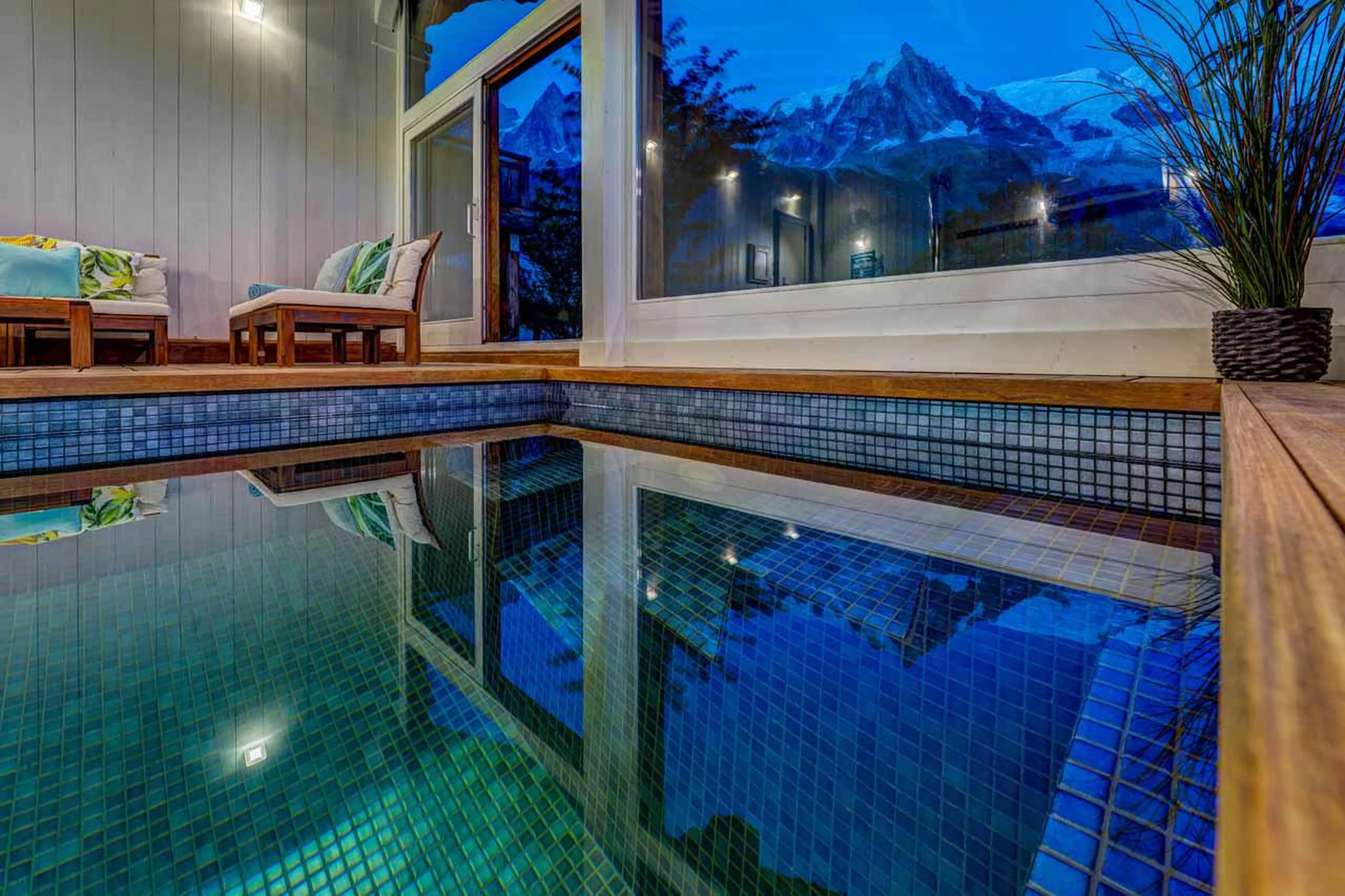 Swim spa with mountain views at Chalet Hibou in Chamonix