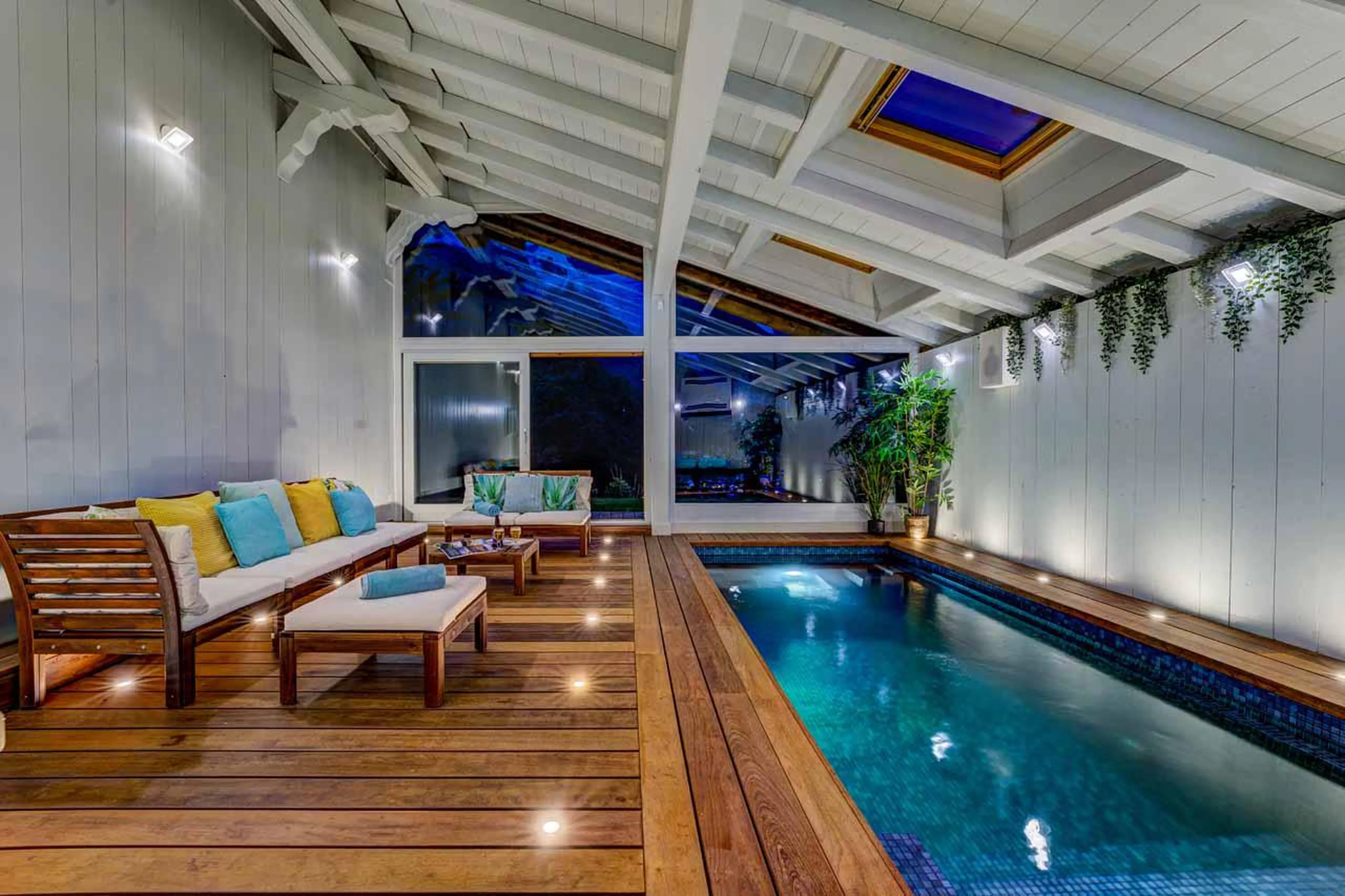 Indoor relax area with swim spa at Hibou in Chamonix