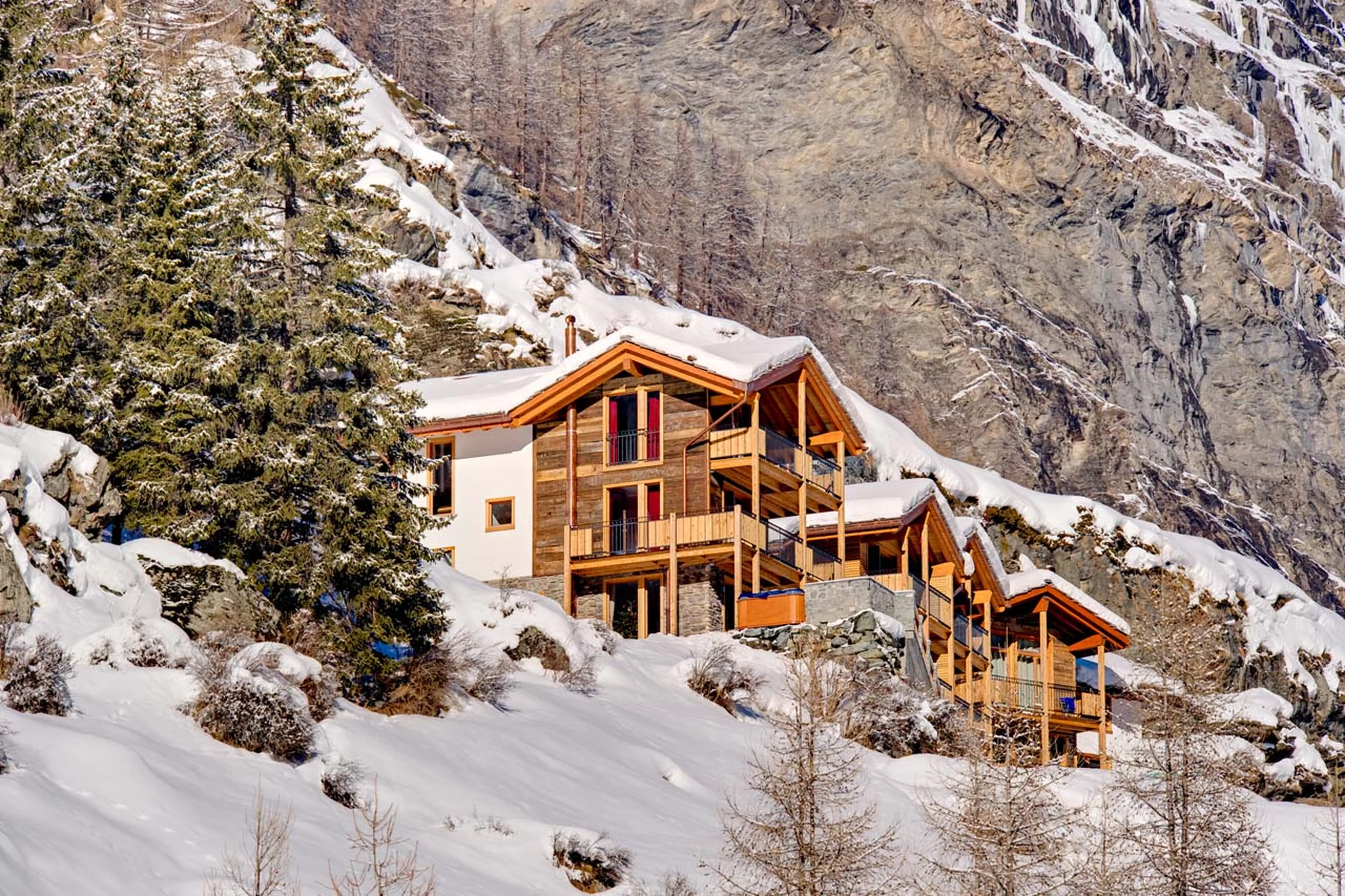 Exterior of Chalet Ibron in Zermatt in winter