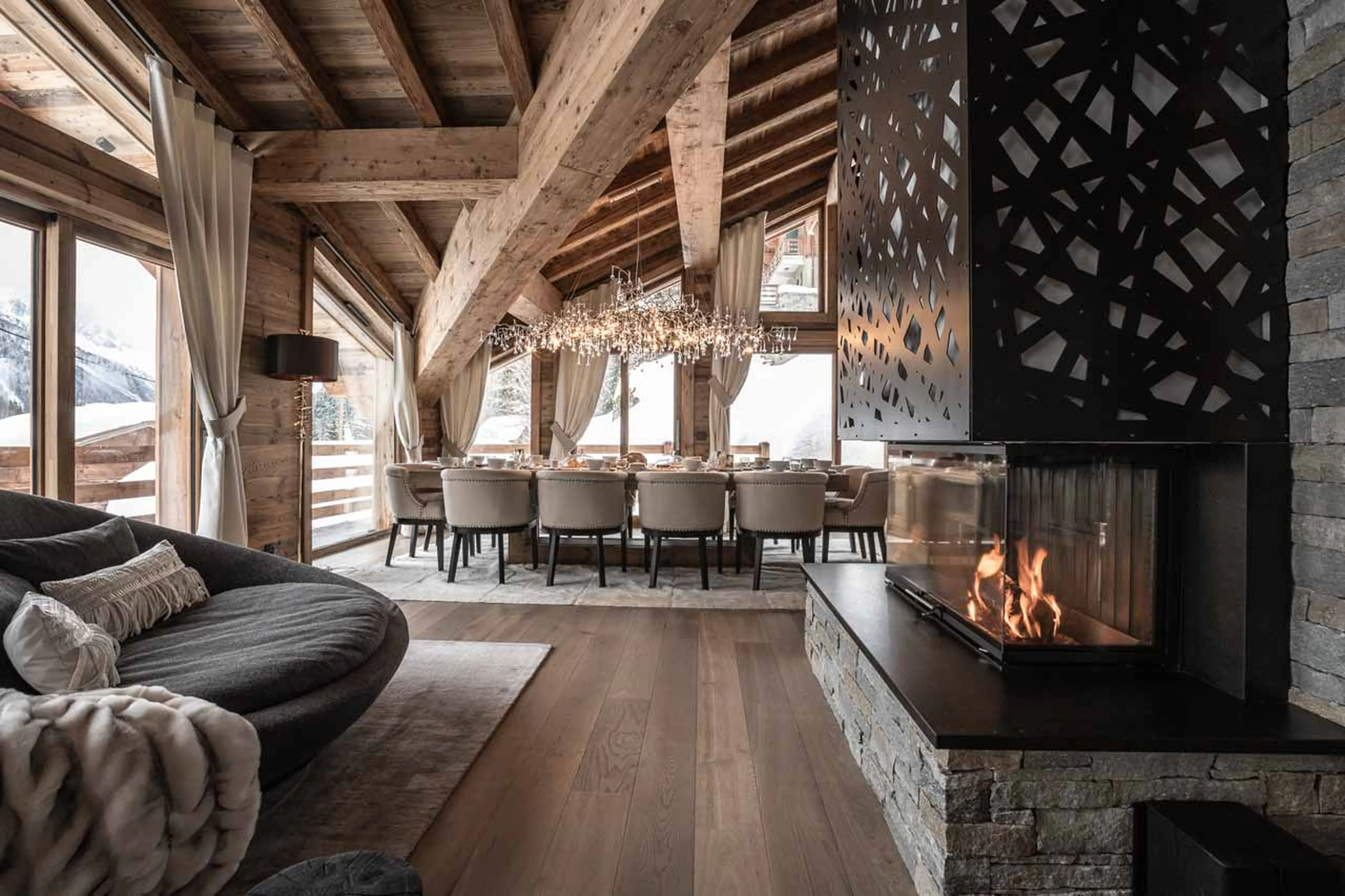Fireplace in living area at Chalet Infinity in Chamonix