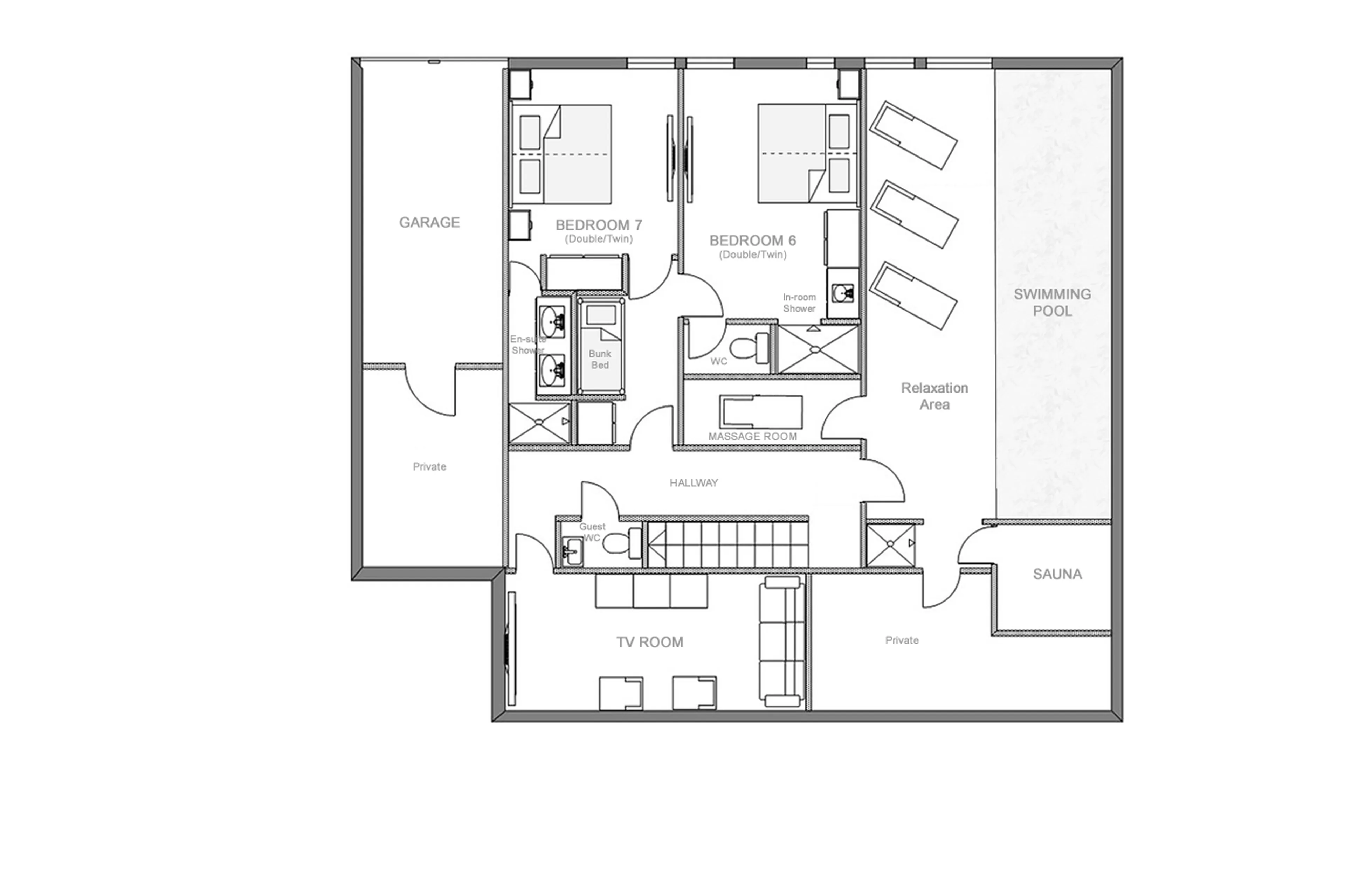 Lower ground floor plan of Chalet Inoko in Val d'Isere