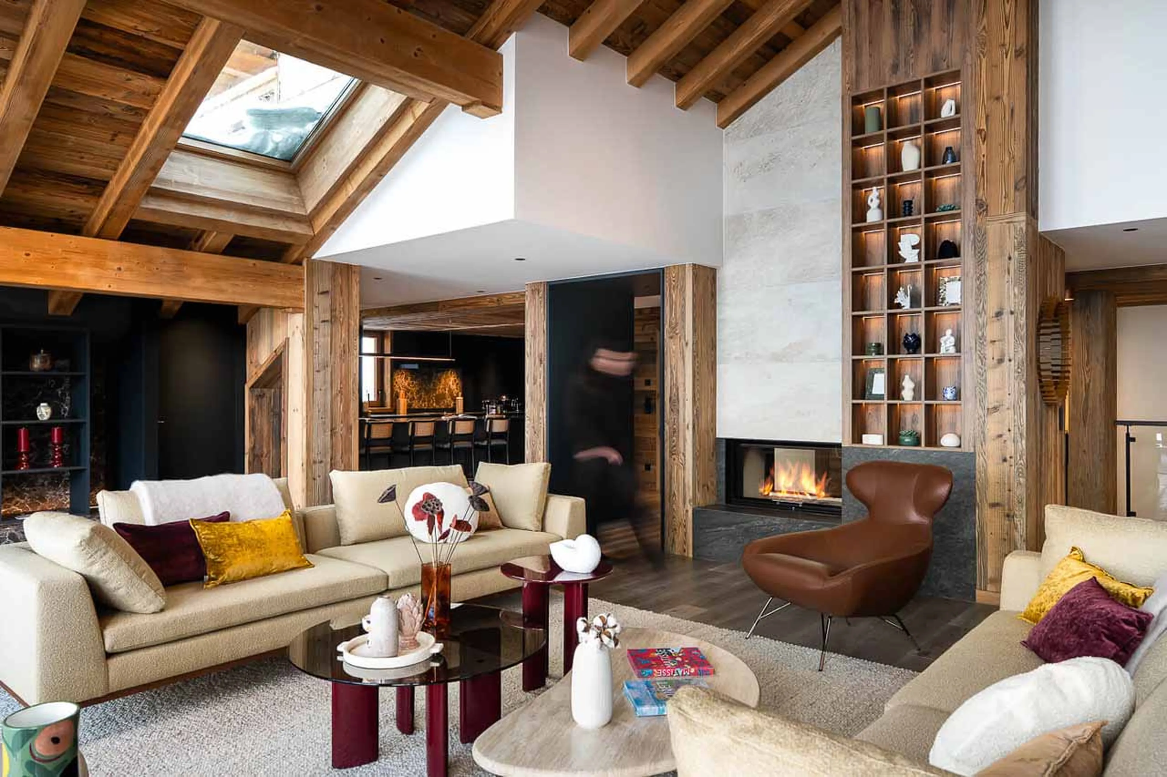 Living area fireplace at Chalet J in Meribel