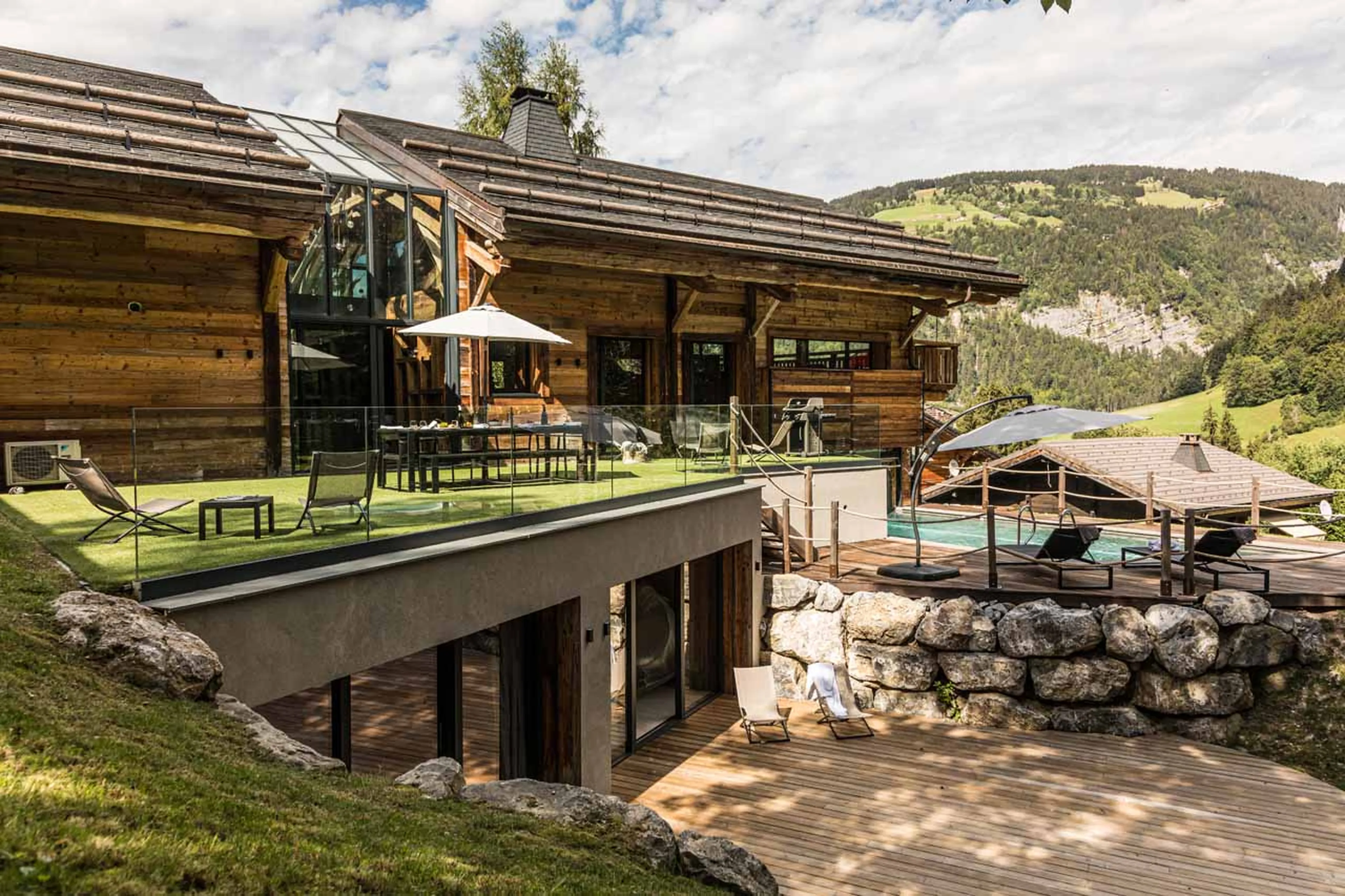 Tiered terraces at Chalet Joux Plane in Morzine in summer