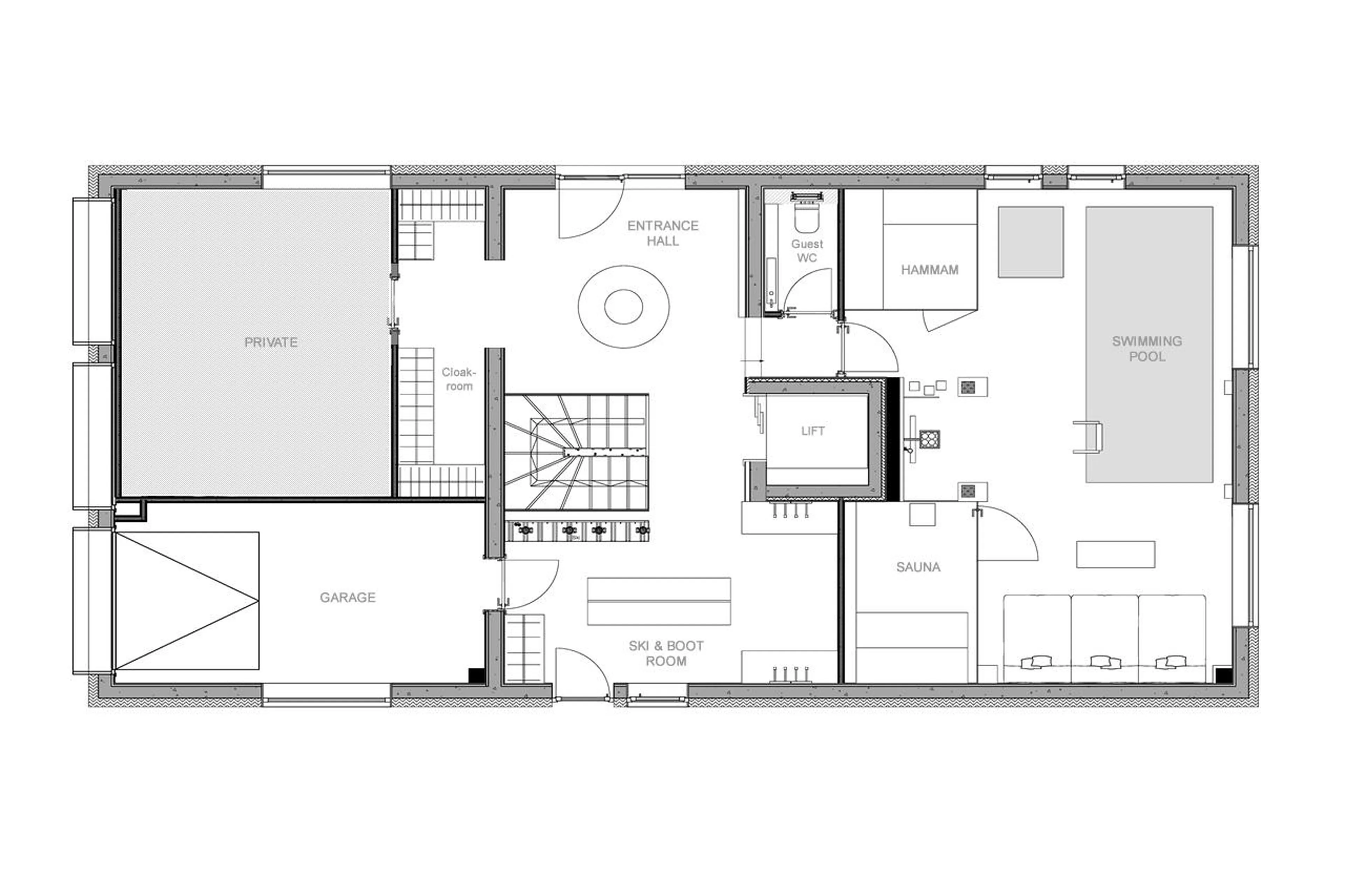 Level 0 floor plan of Chalet Kalinka and Annex in Meribel