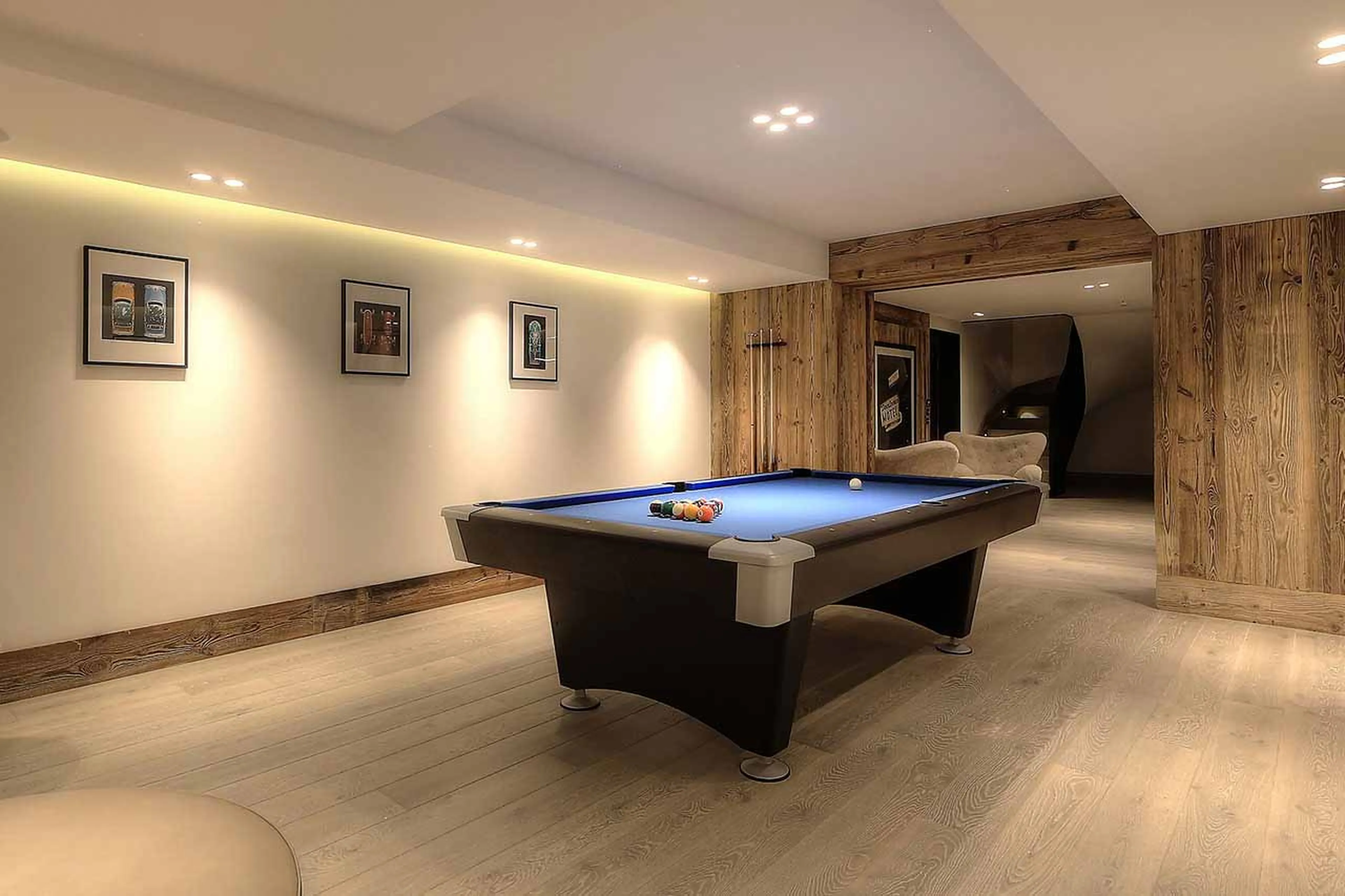 Games room with billiards table at Chalet Kantaa in Megeve