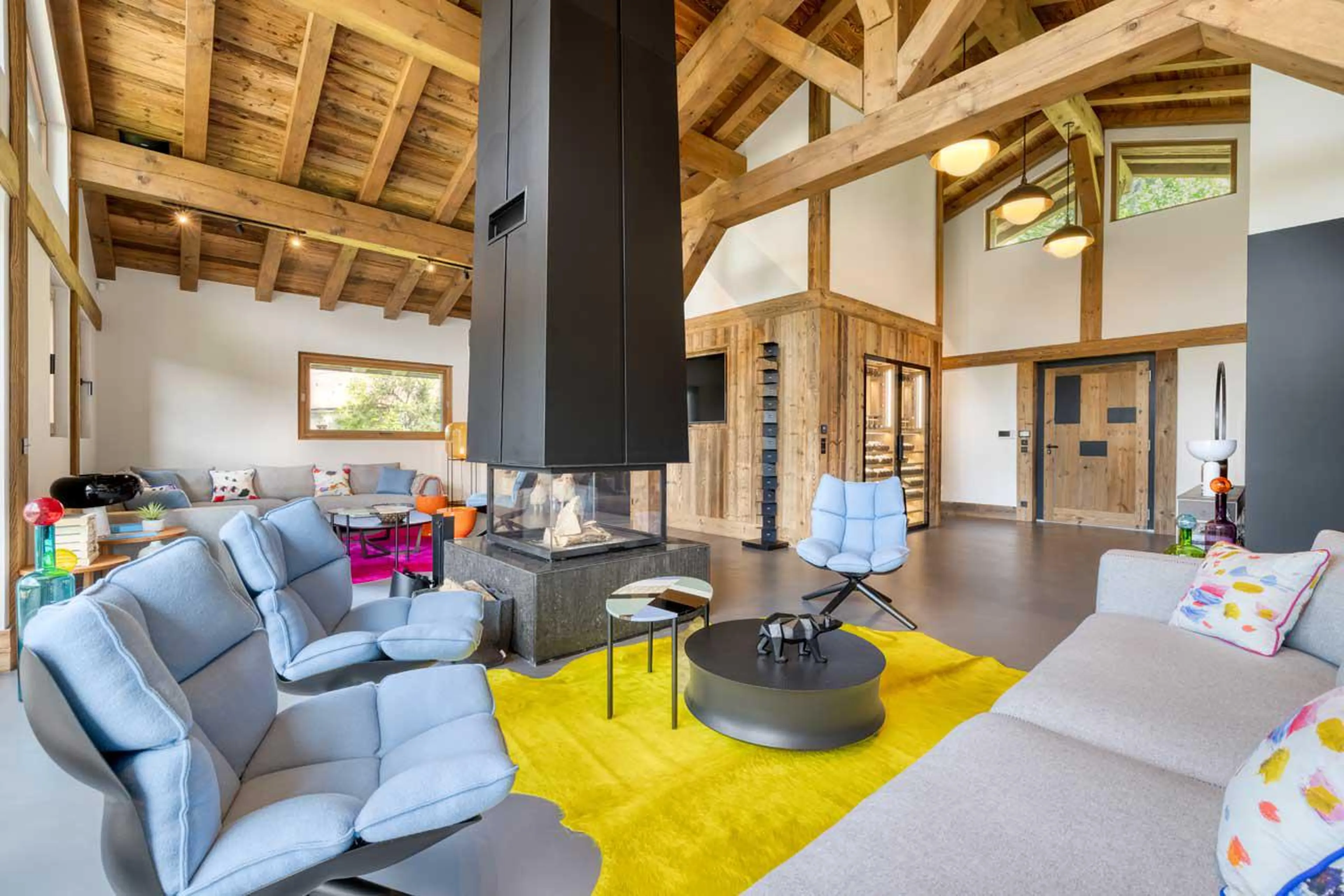 Open plan living area at Chalet Kantaa in Megeve