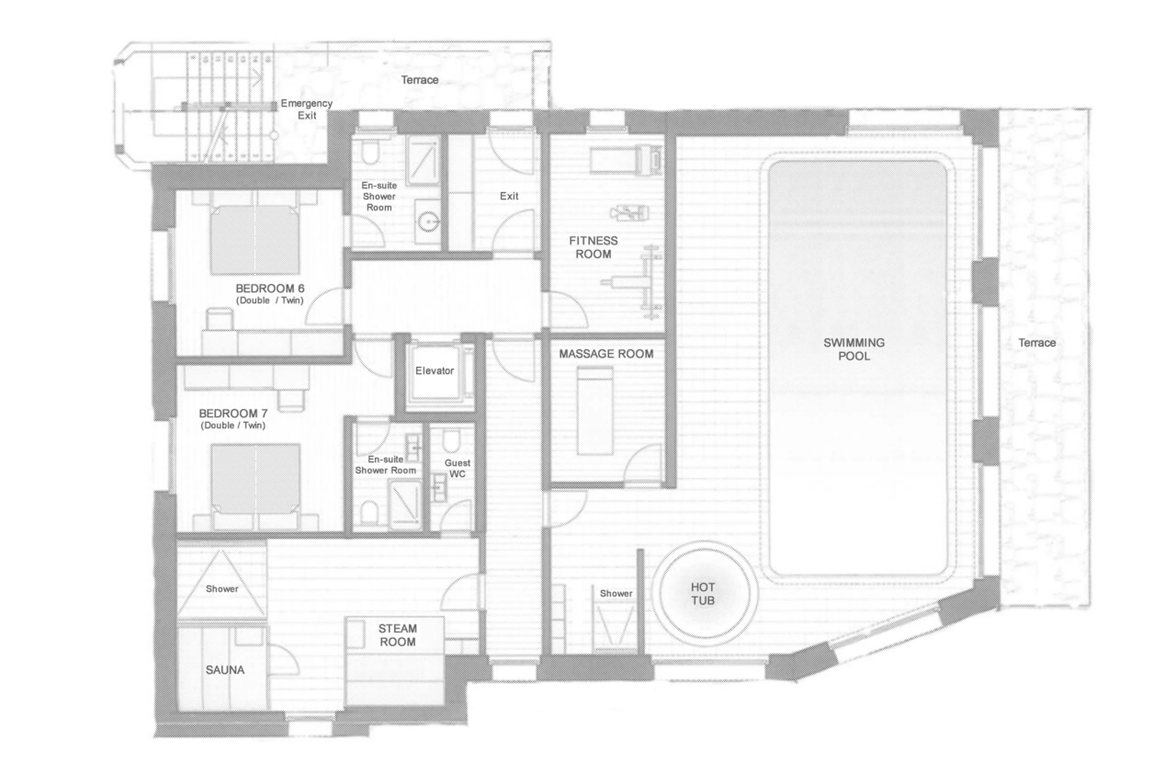 Level 0 floor plan of Chalet Kemaura in Zermatt
