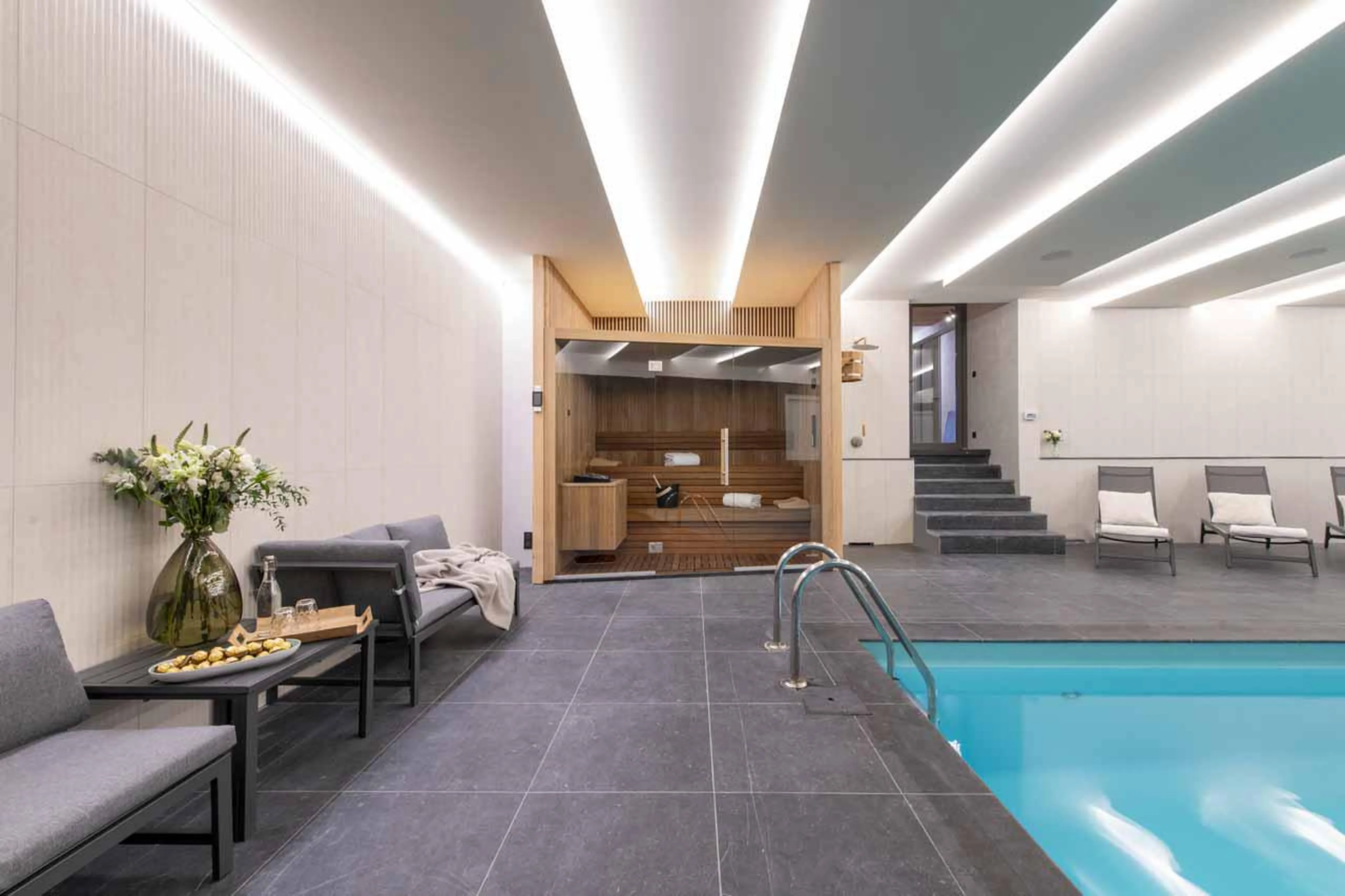 Private spa with indoor heated swimming pool, and sauna at Chalet Kitsune in Val d'Isere