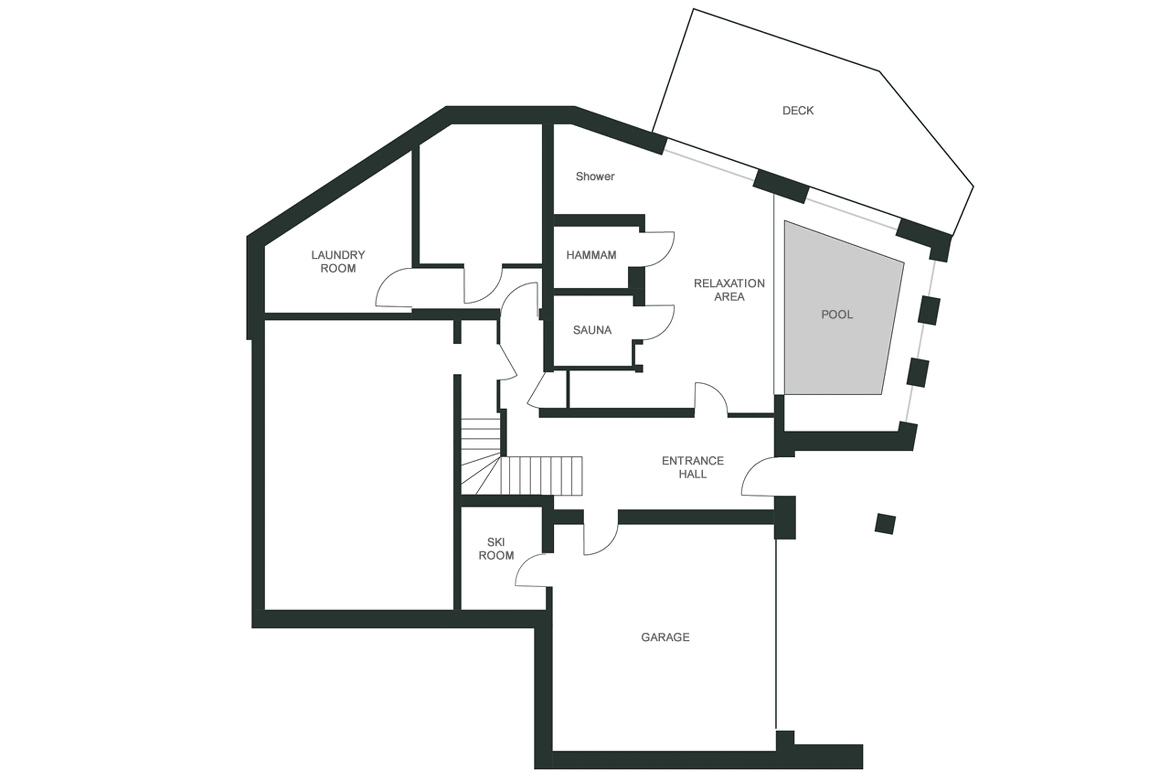 Lower ground level floor plan of Chalet Kuma in Chamonix