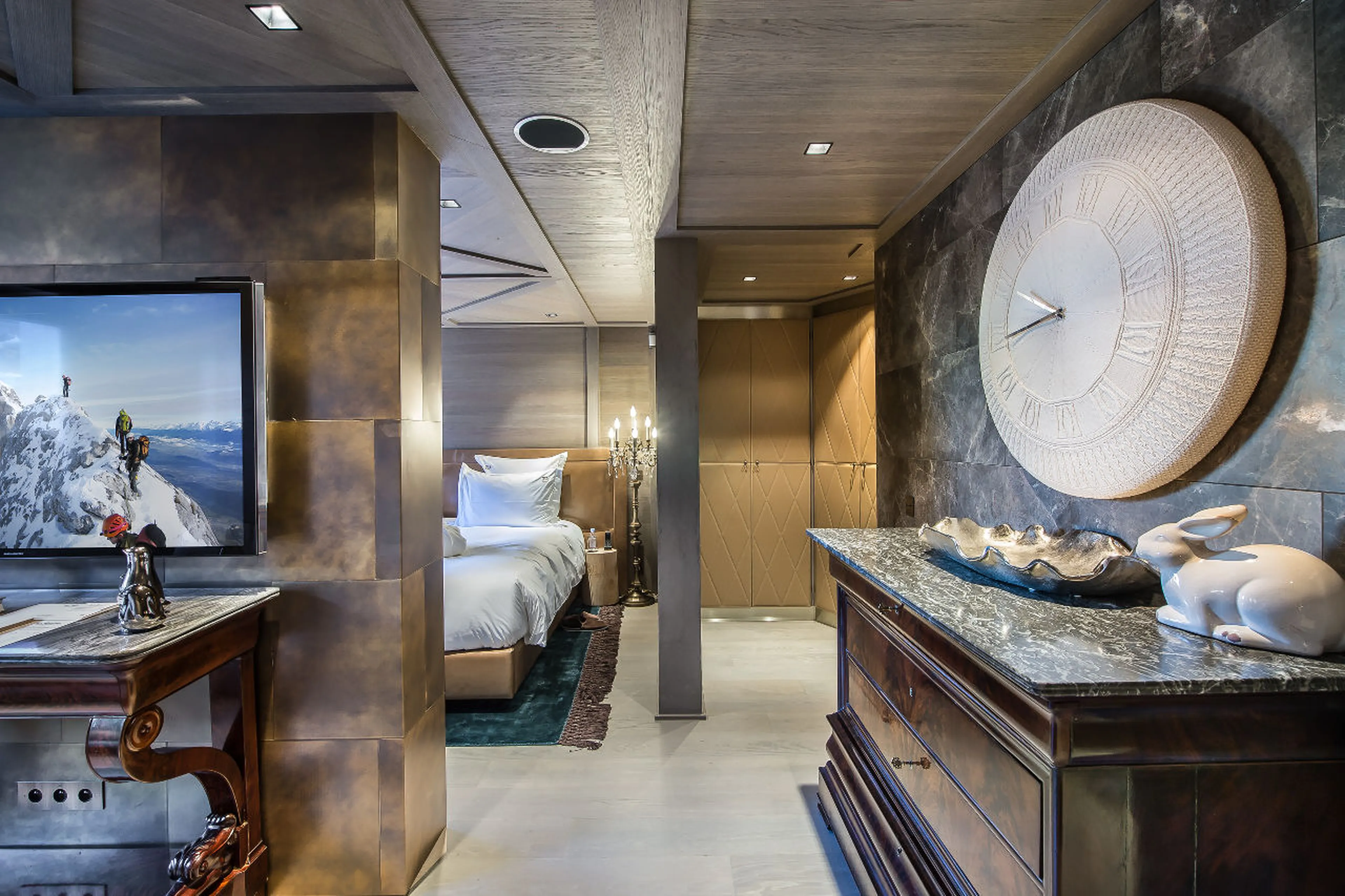 Stylish finishes of double en suite bedroom in La Datcha in Courchevel 1850