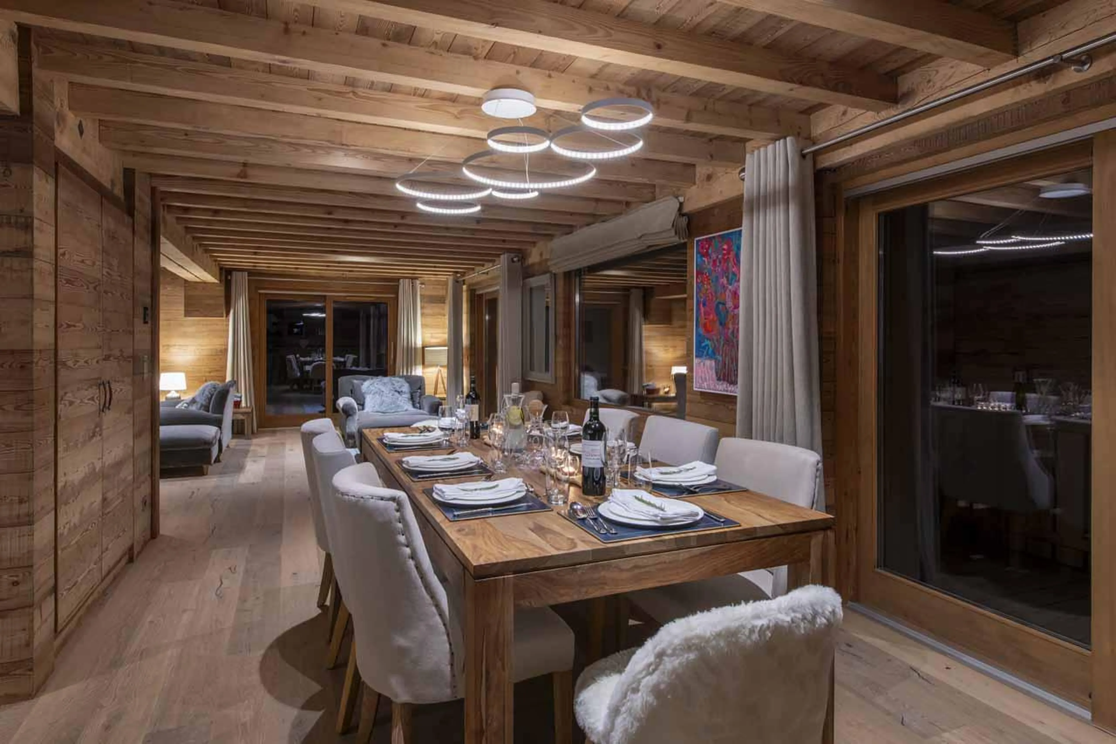 Dining table seating eight guests in Chalet La Folie, Meribel