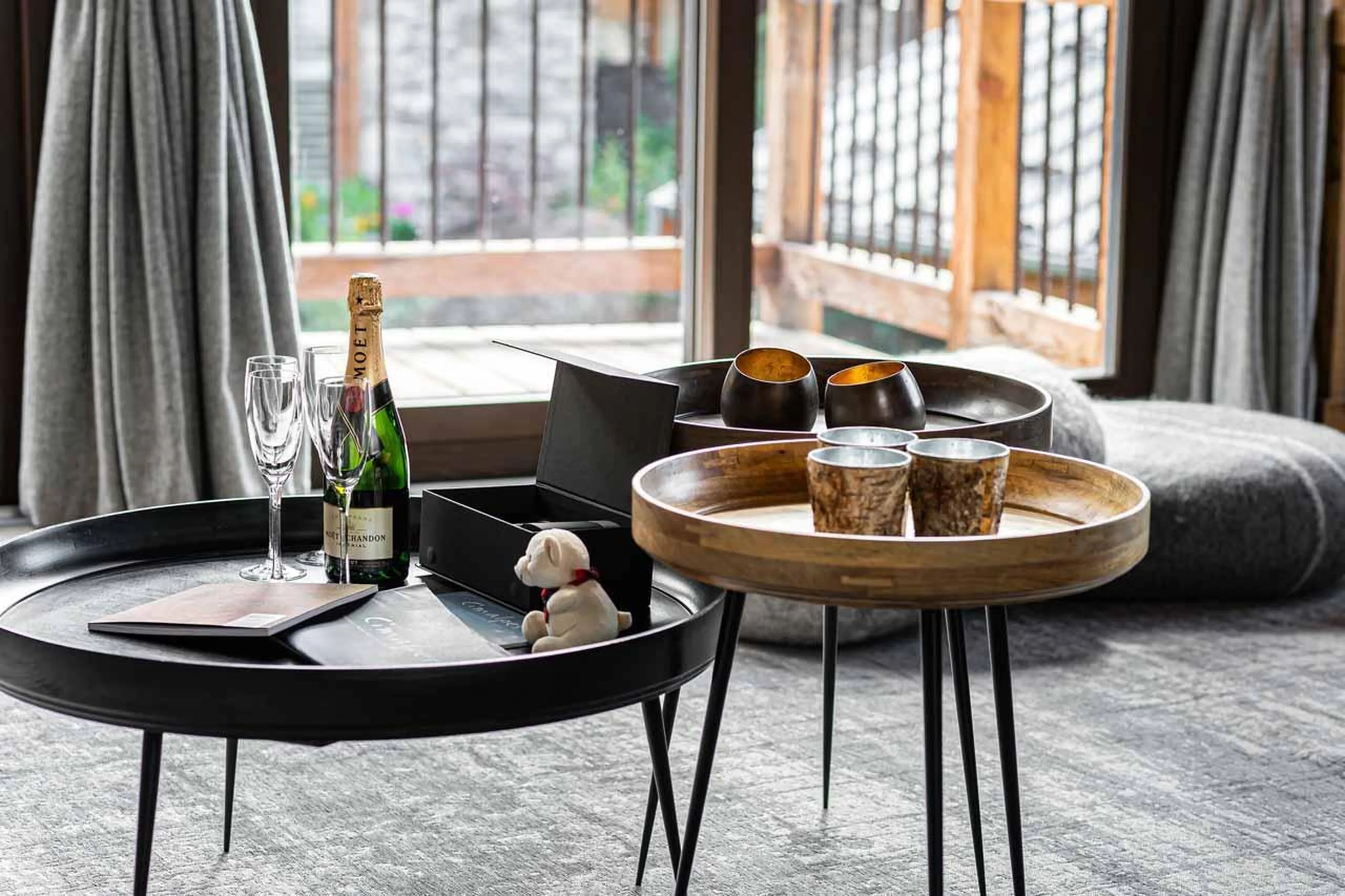 Champagne in living room at Chalet La Grange in St Martin de Belleville