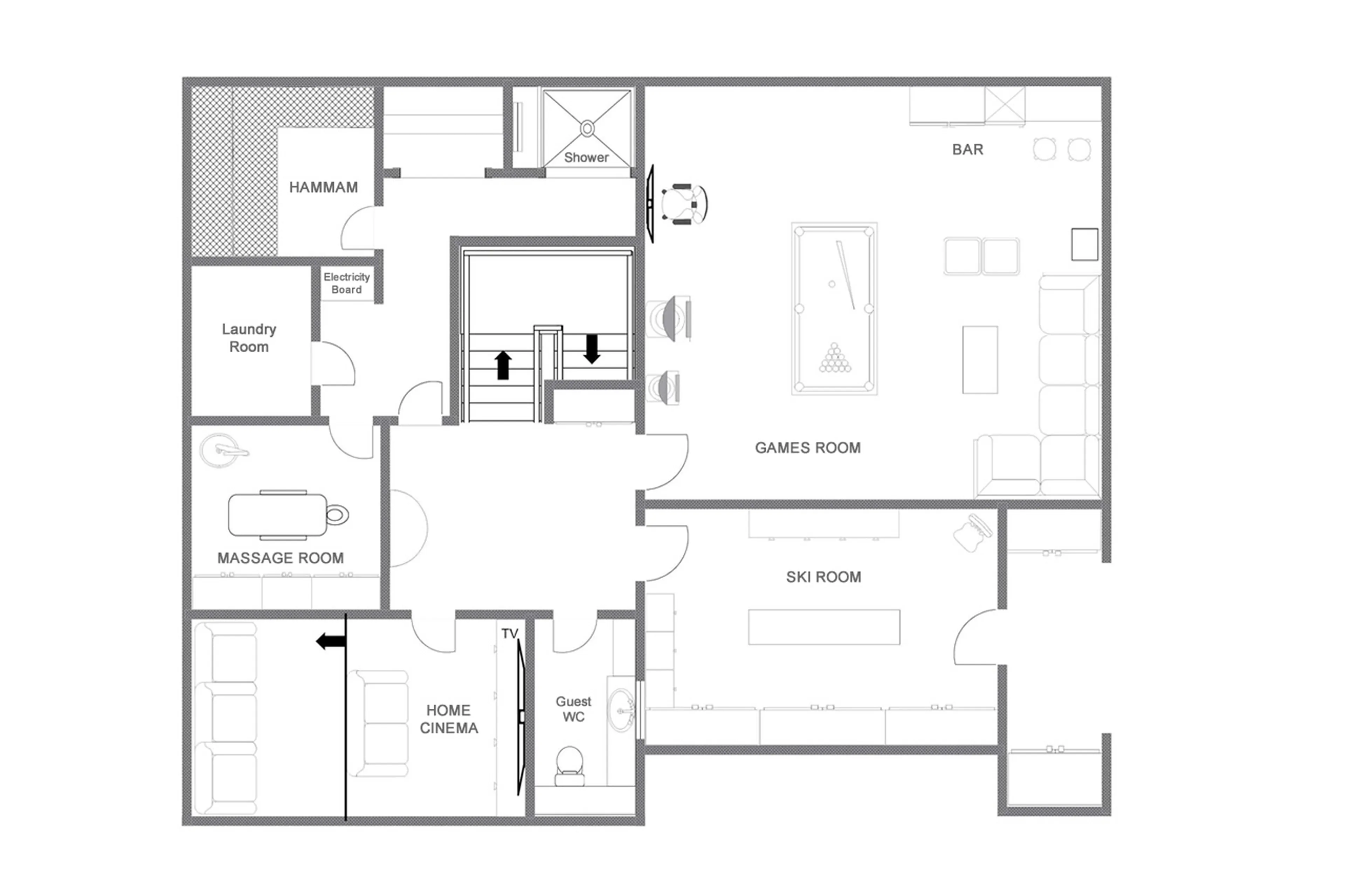 Level 0 floor plan of Chalet La Loze in Verbier