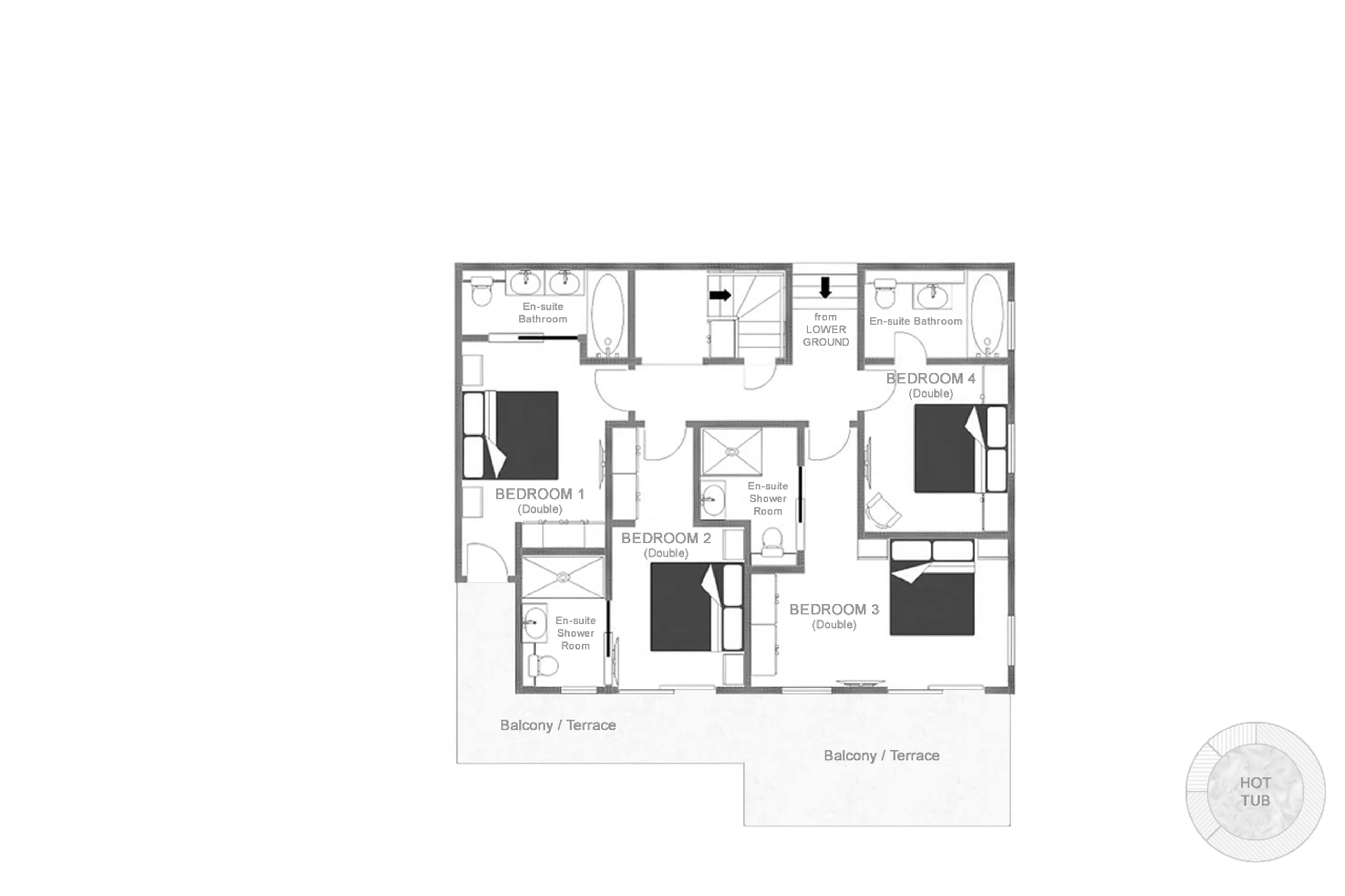 Upper ground floor plan of Chalet La Rochette in Verbier