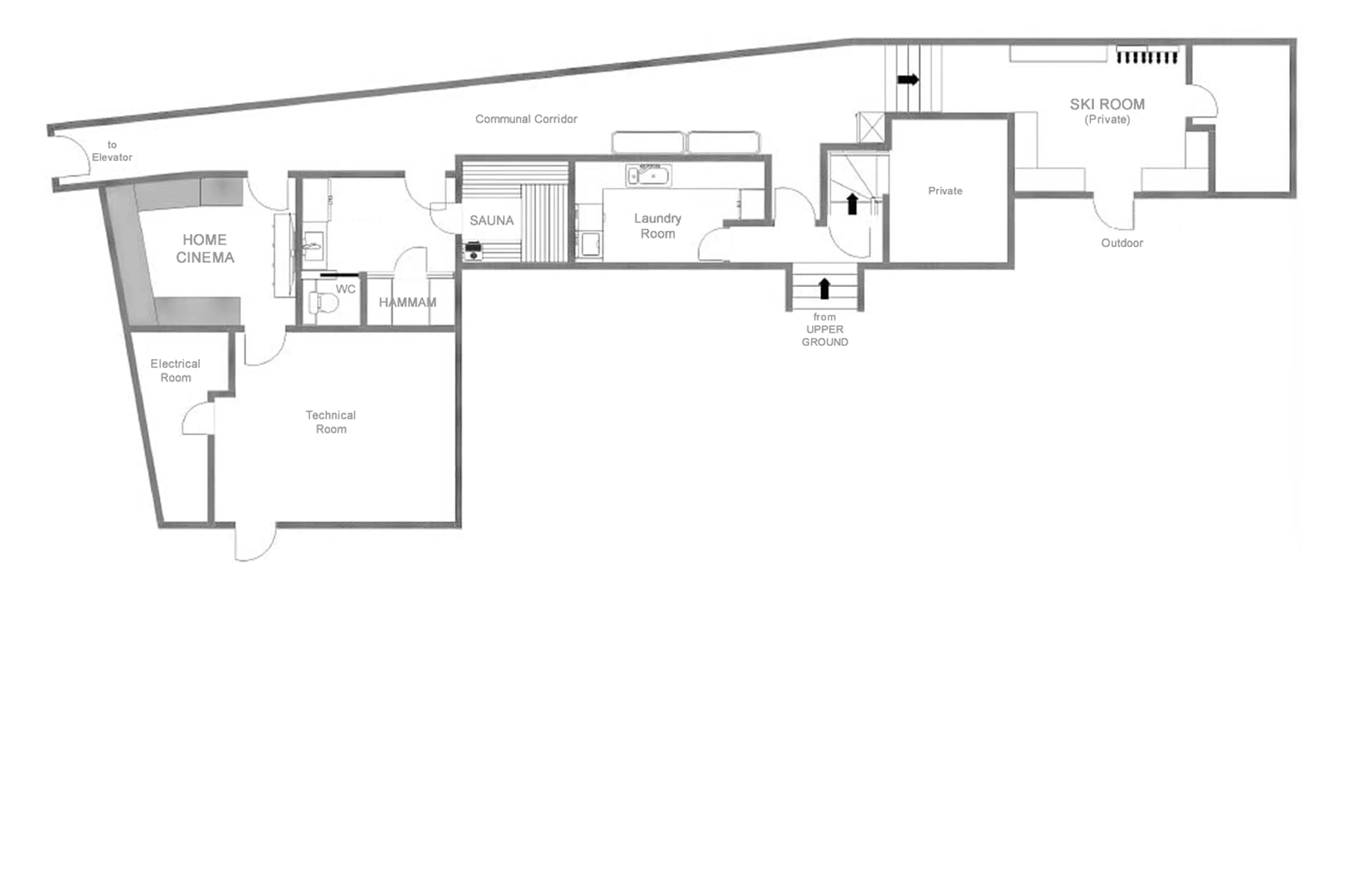 Lower ground floor plan of Chalet La Rochette in Verbier