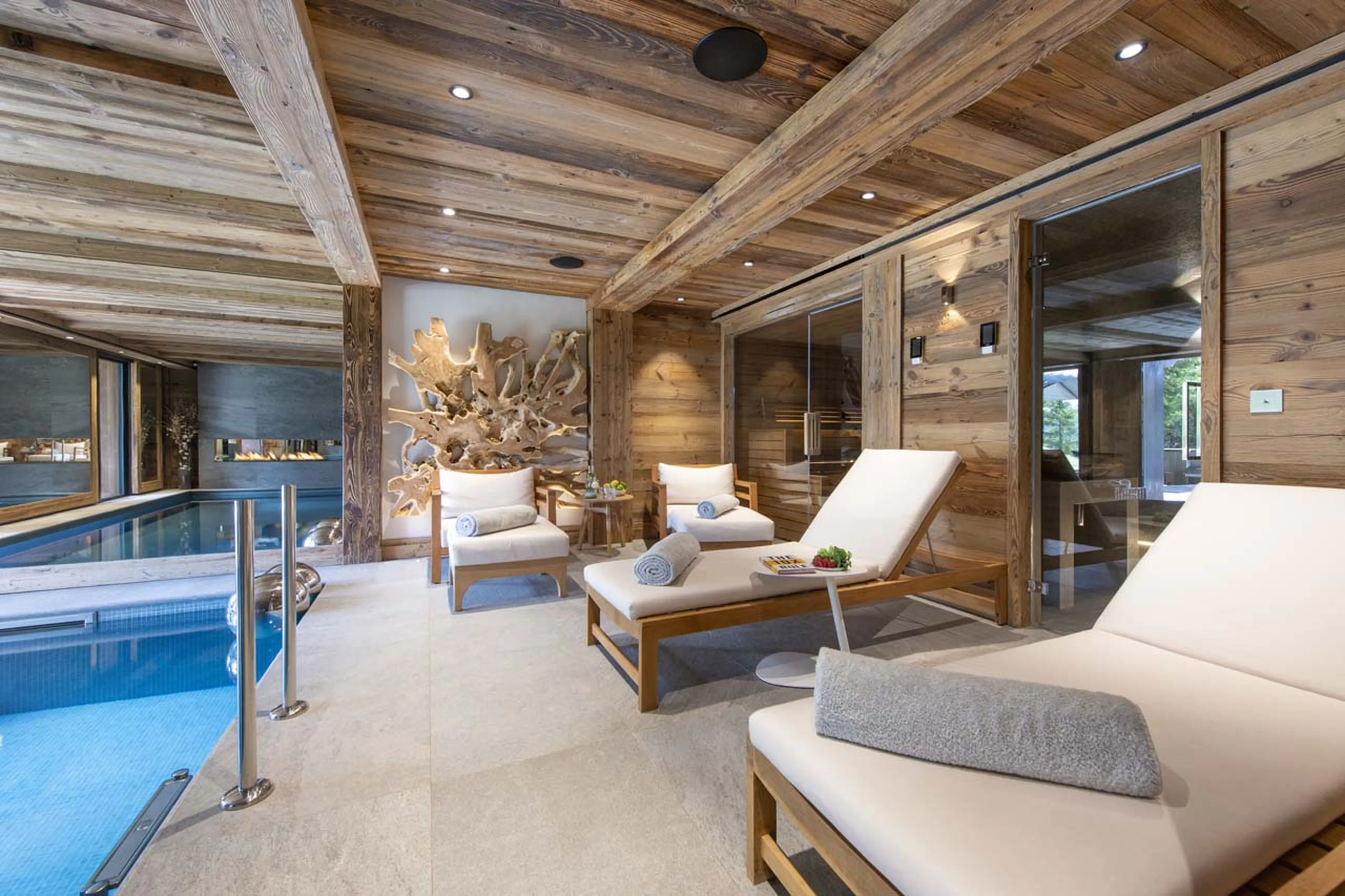 Loungers in spa area at Chalet La Taniere in Meribel