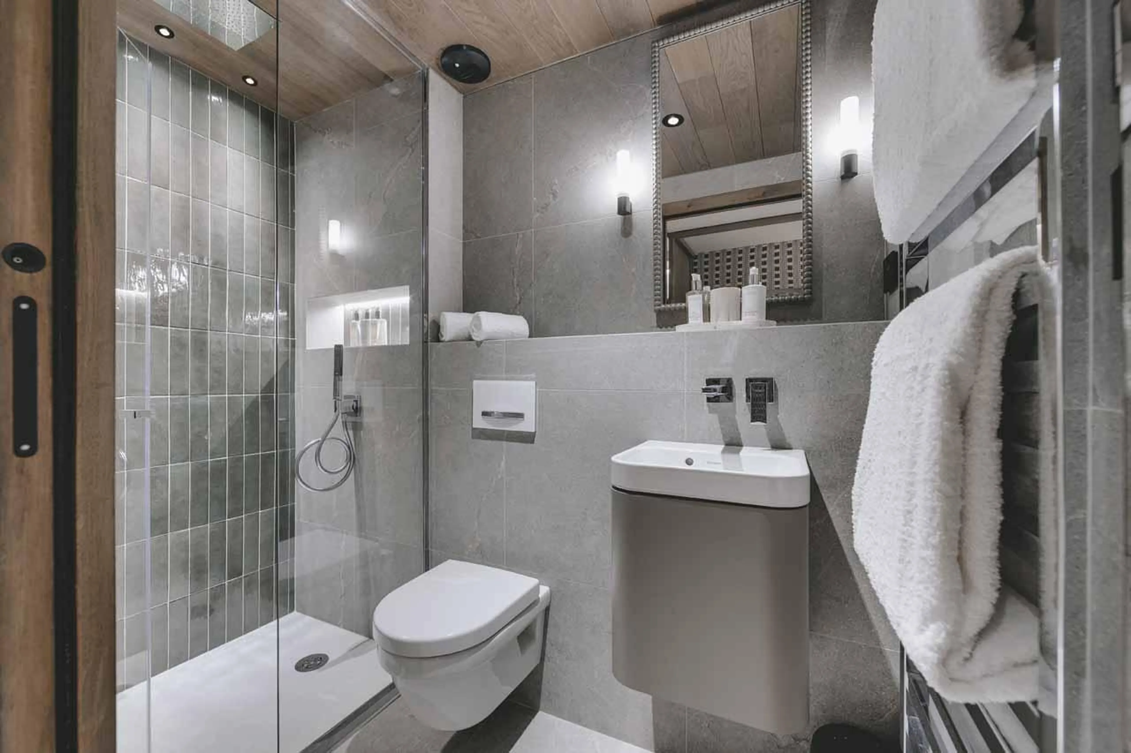 En-suite shower room at Chalet La Tene, Val d'Isere