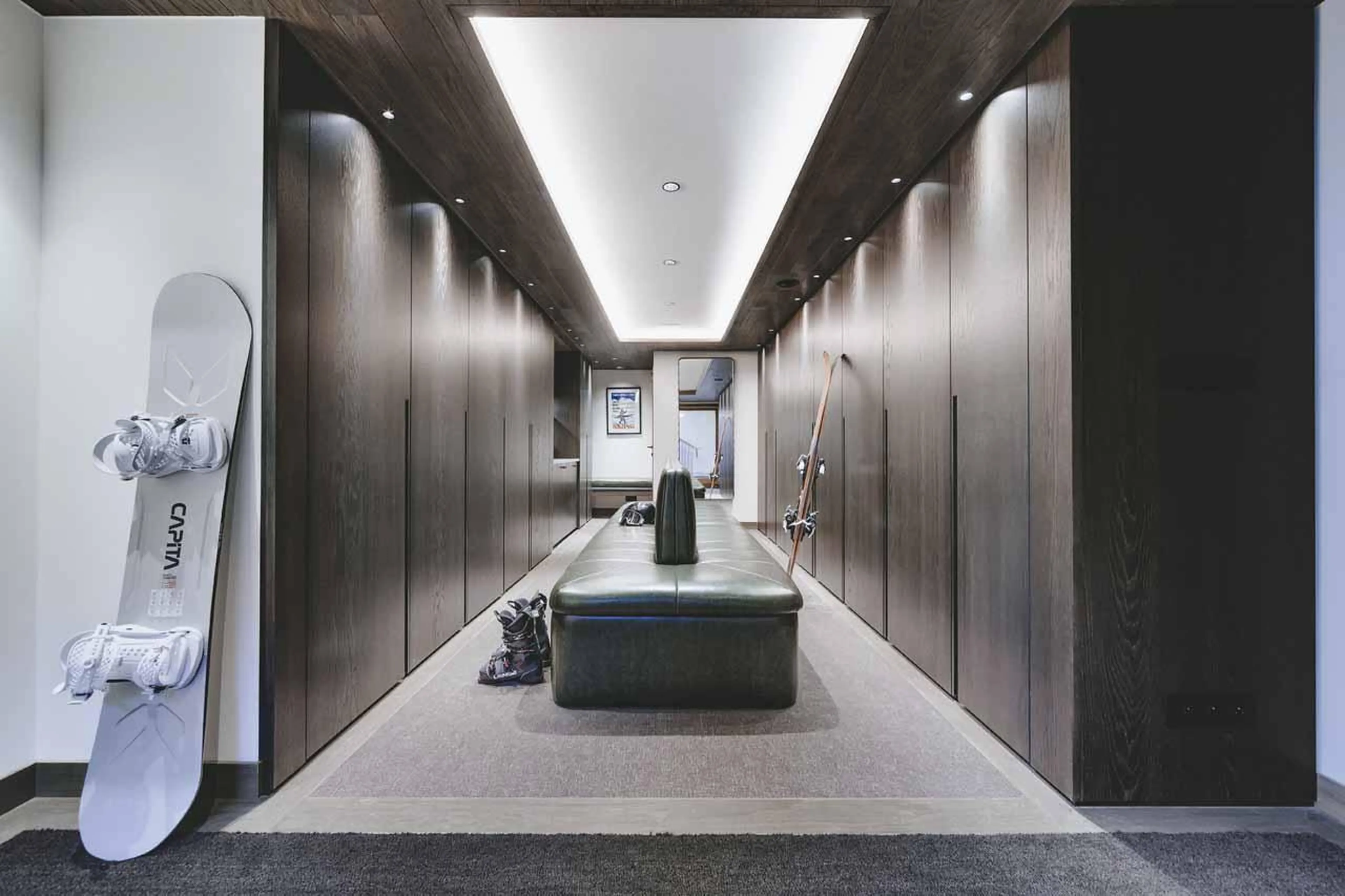 Ski room with bench seating at Chalet La Tene, Val d'Isere