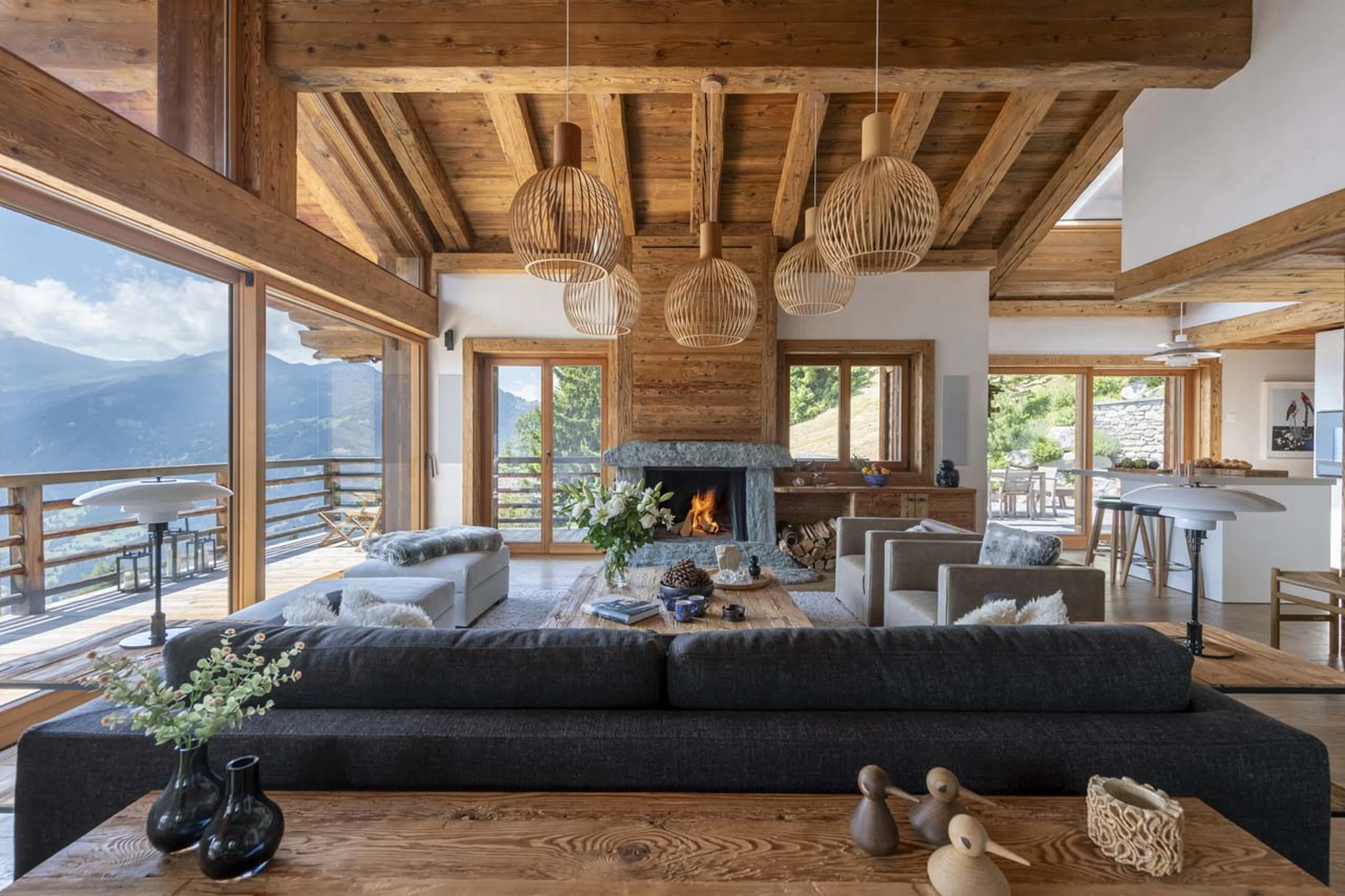 Open plan living area at Chalet La Vigne in Verbier