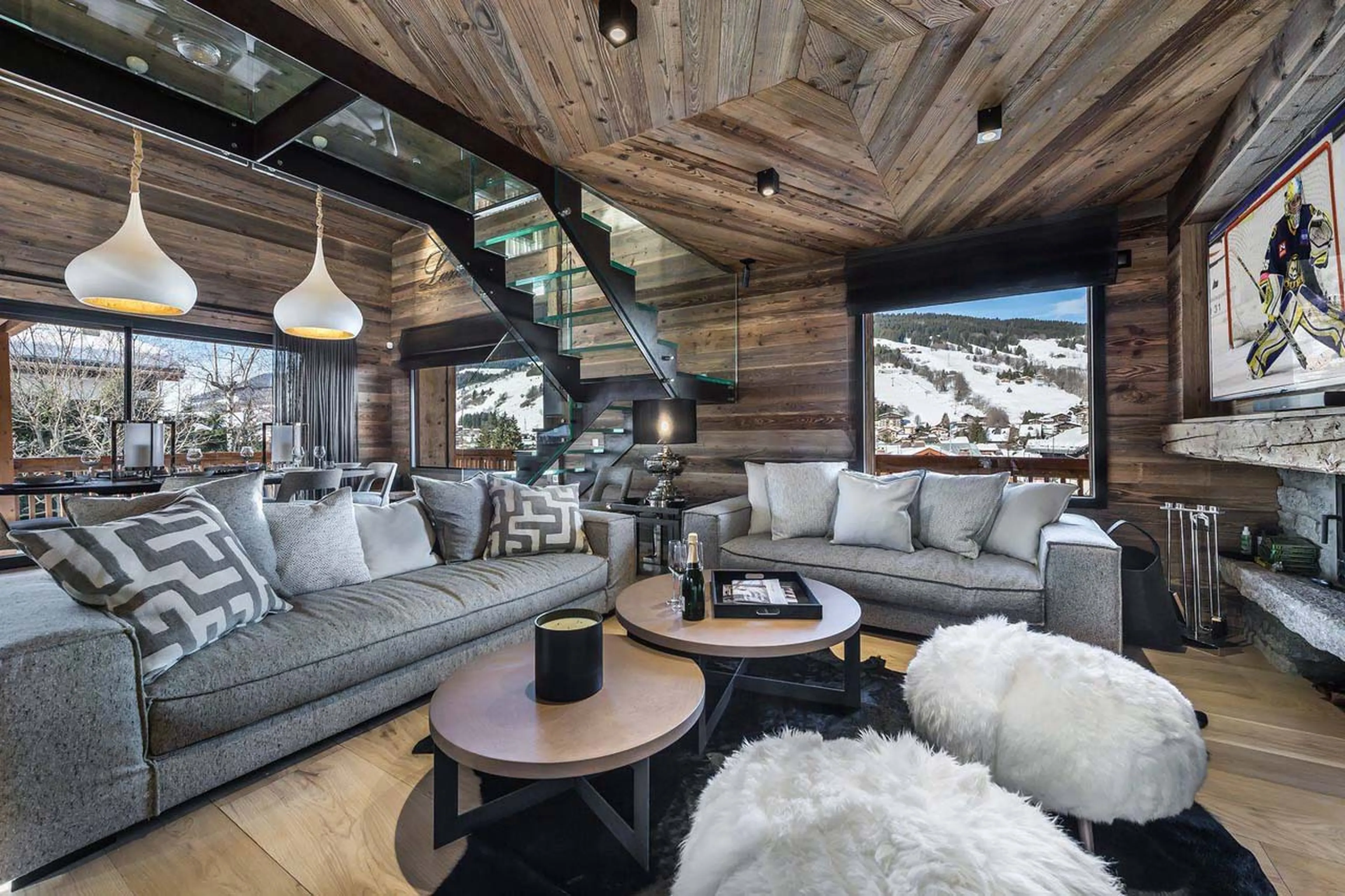 Comfortable sofas in living area of Chalet Lamartine in Megeve