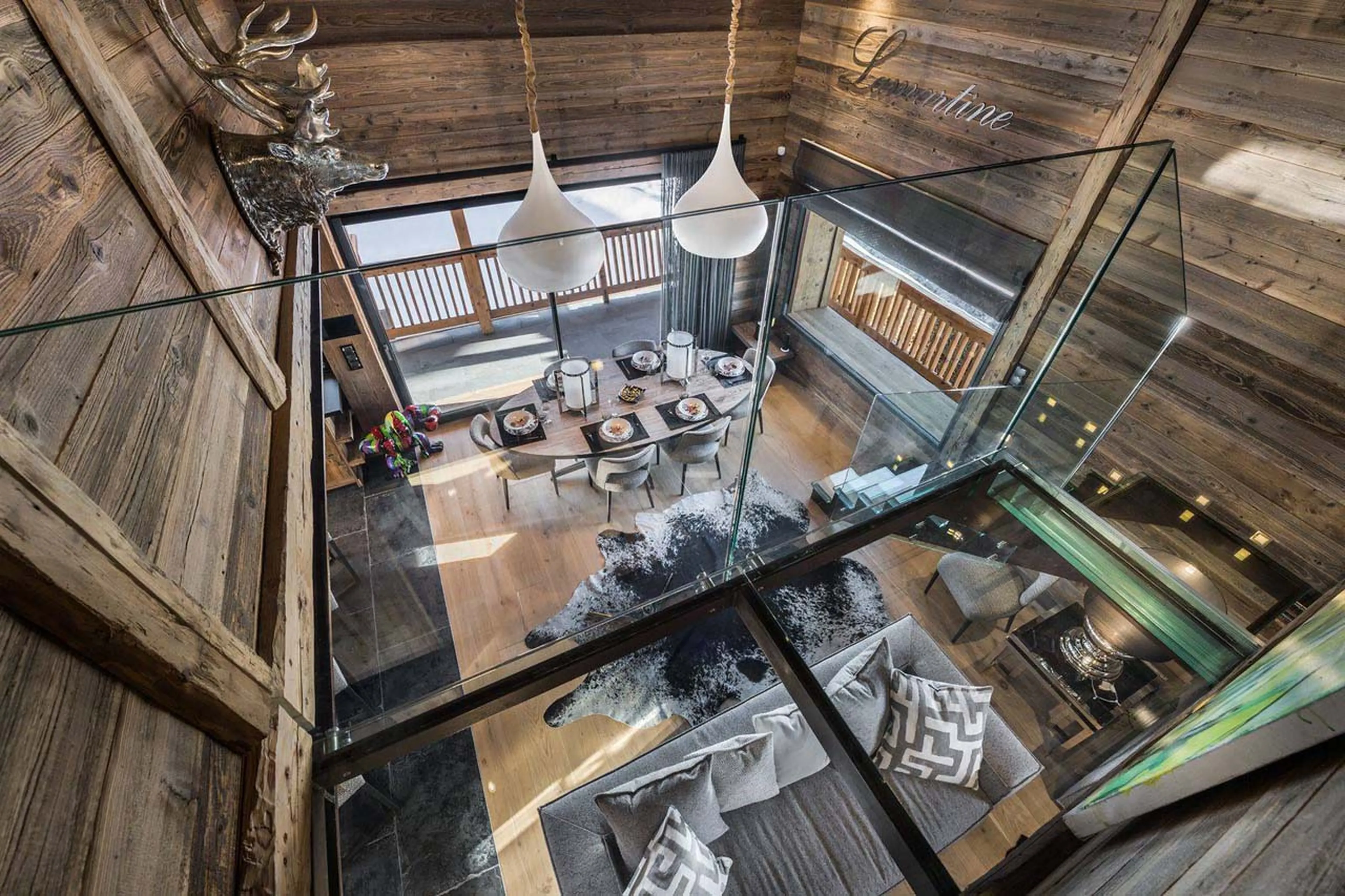 Aerial view of living area at Chalet Lamartine in Megeve