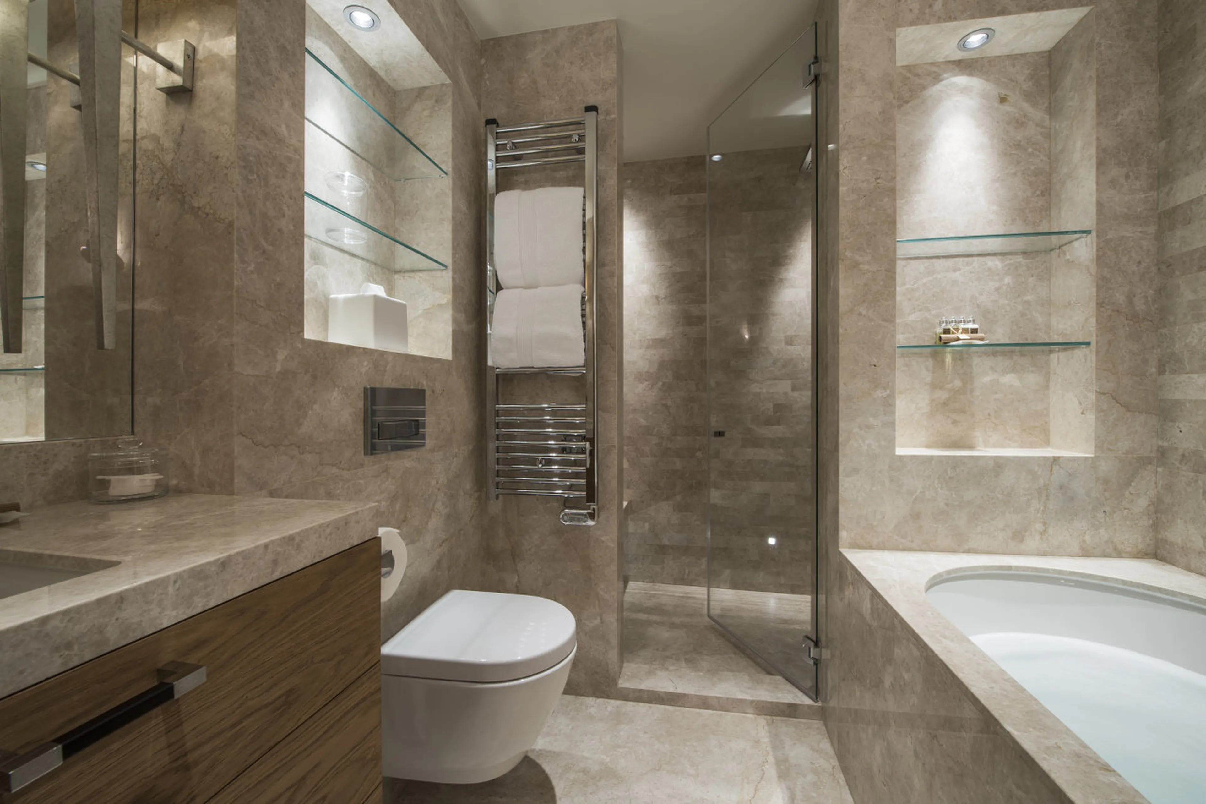 Marble bathroom en-suite to bedroom in Chalet Le Grenier in Meribel