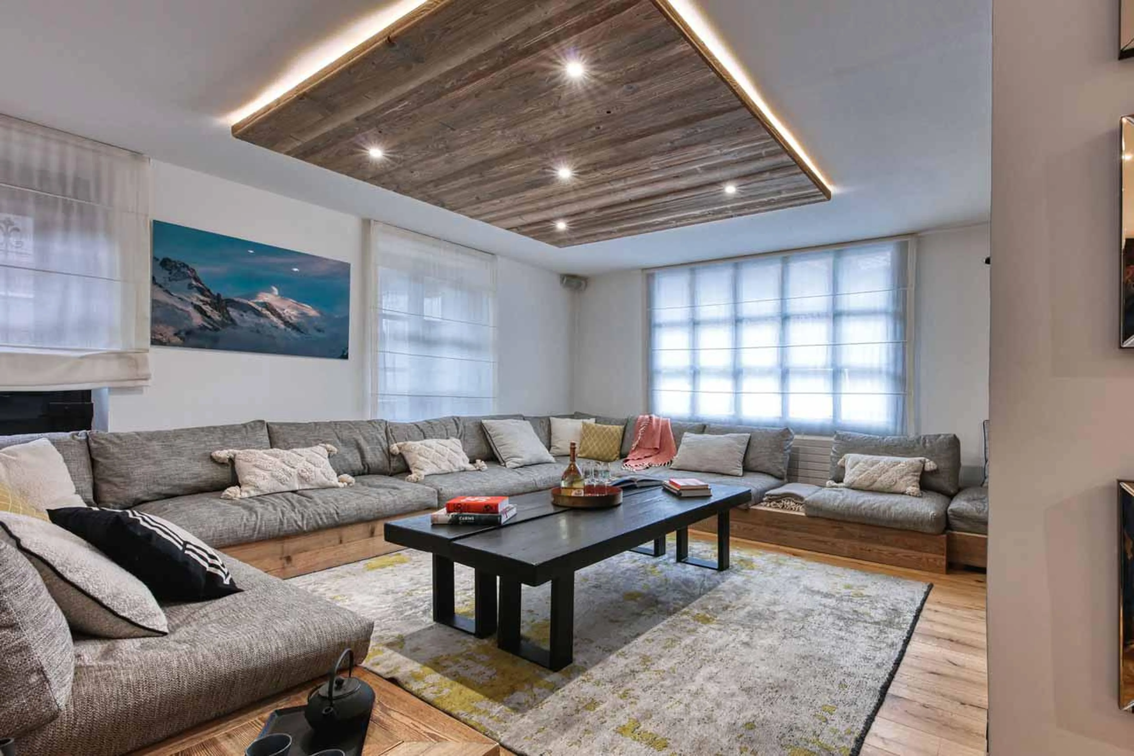 Sofas in living room of Chalet Le Marti in Chamonix