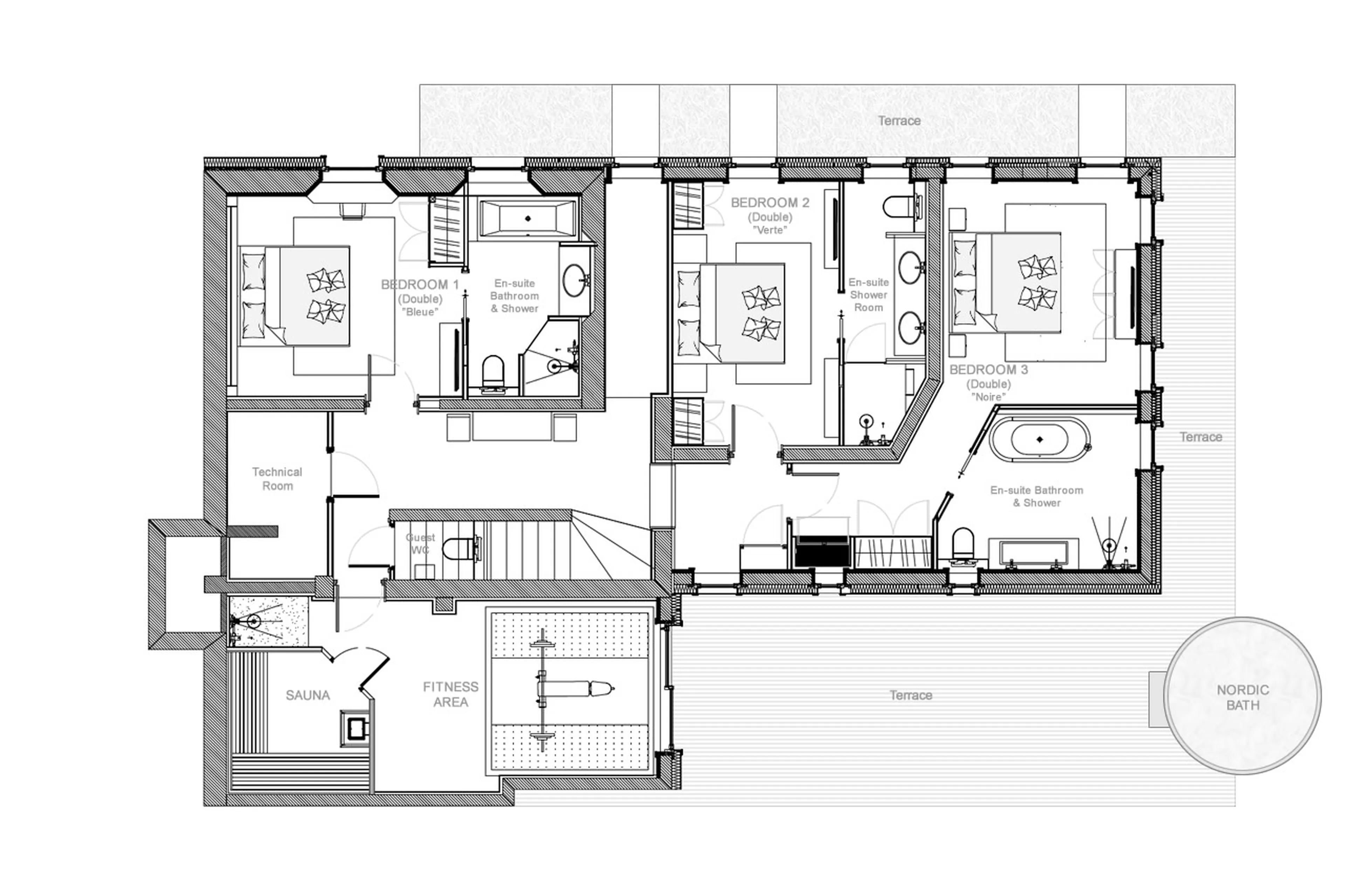 Lower level floor plan of Chalet Le Molitor in Megeve