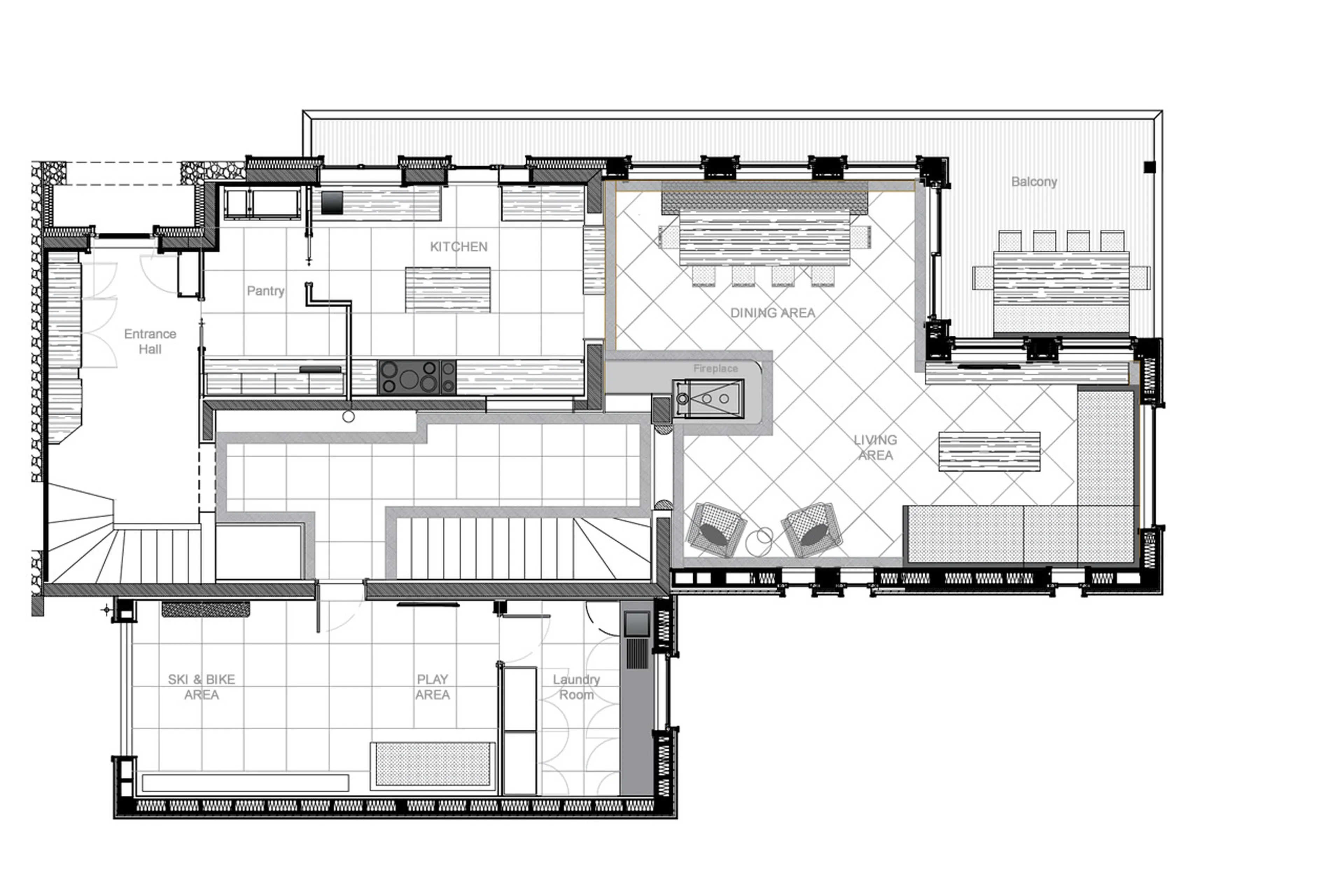 Main level floor plan of Chalet Le Molitor in Megeve