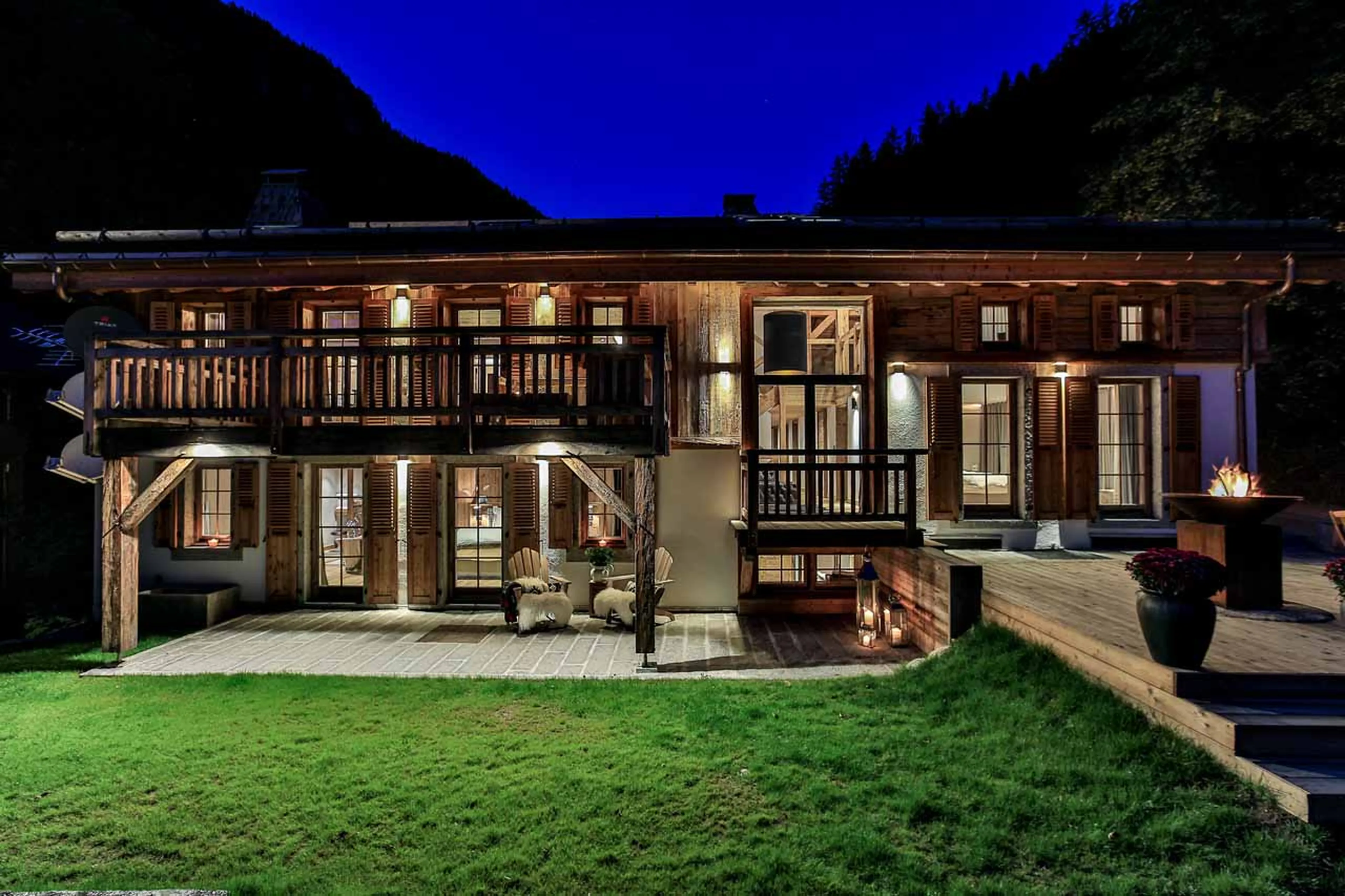 Exterior of Chalet Le Moulin in Chamonix at night in summer