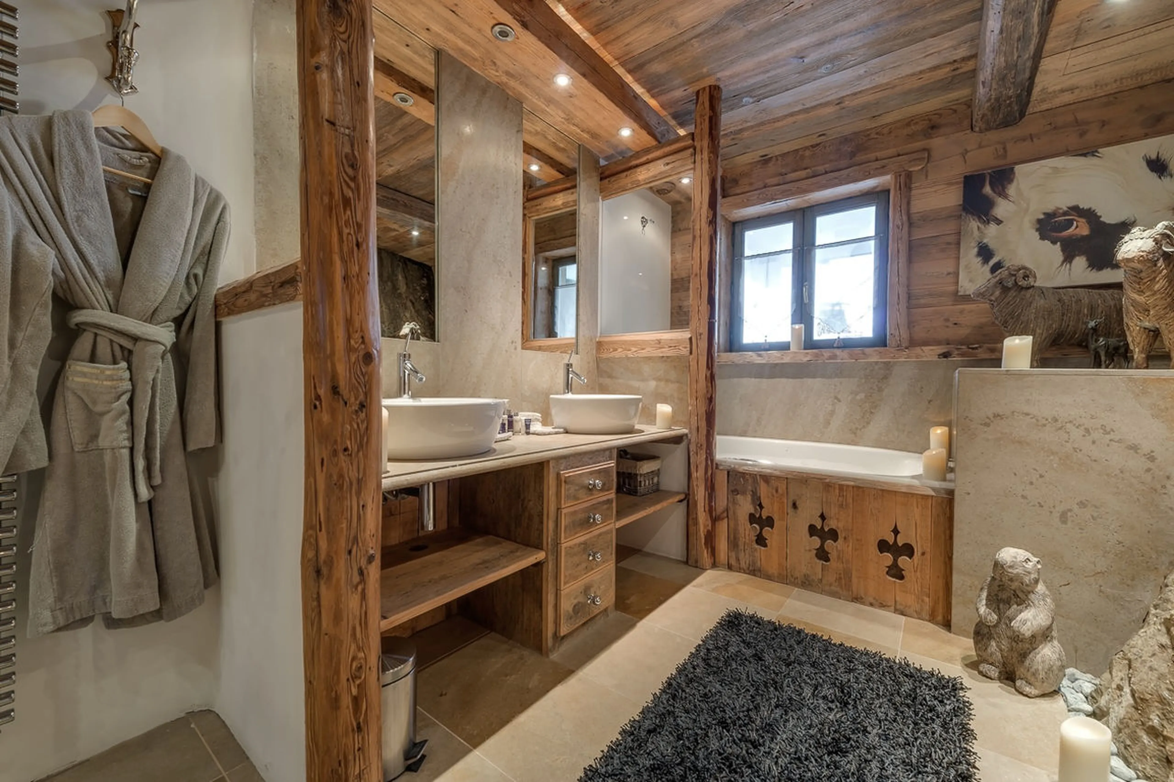 En-suite bathroom of VIP suite with double basins in Chalet Le Rocher in Val d’Isere