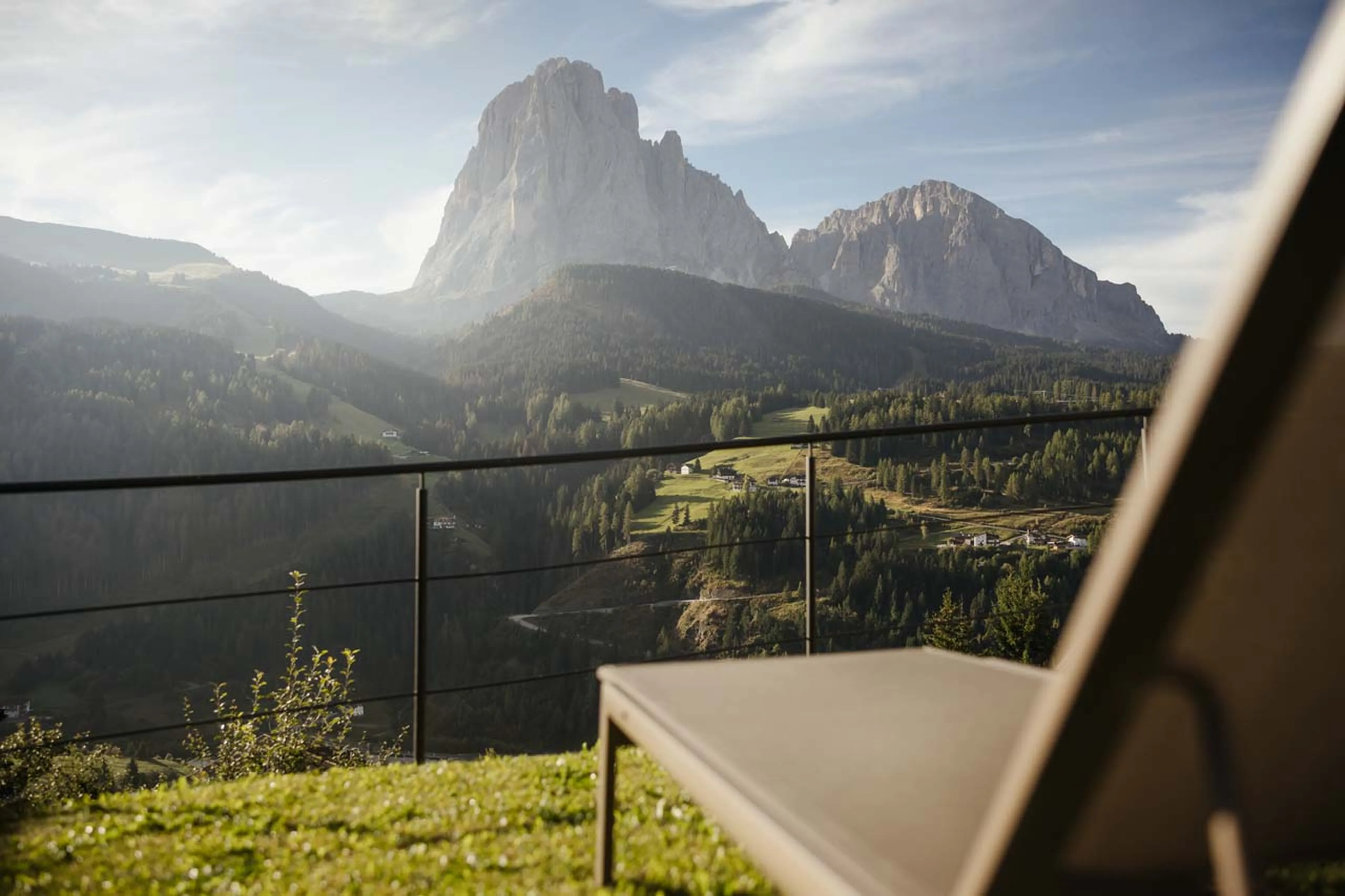 Sun lounger in garden with mountain views in Chalet Lefiro, Val Gardena