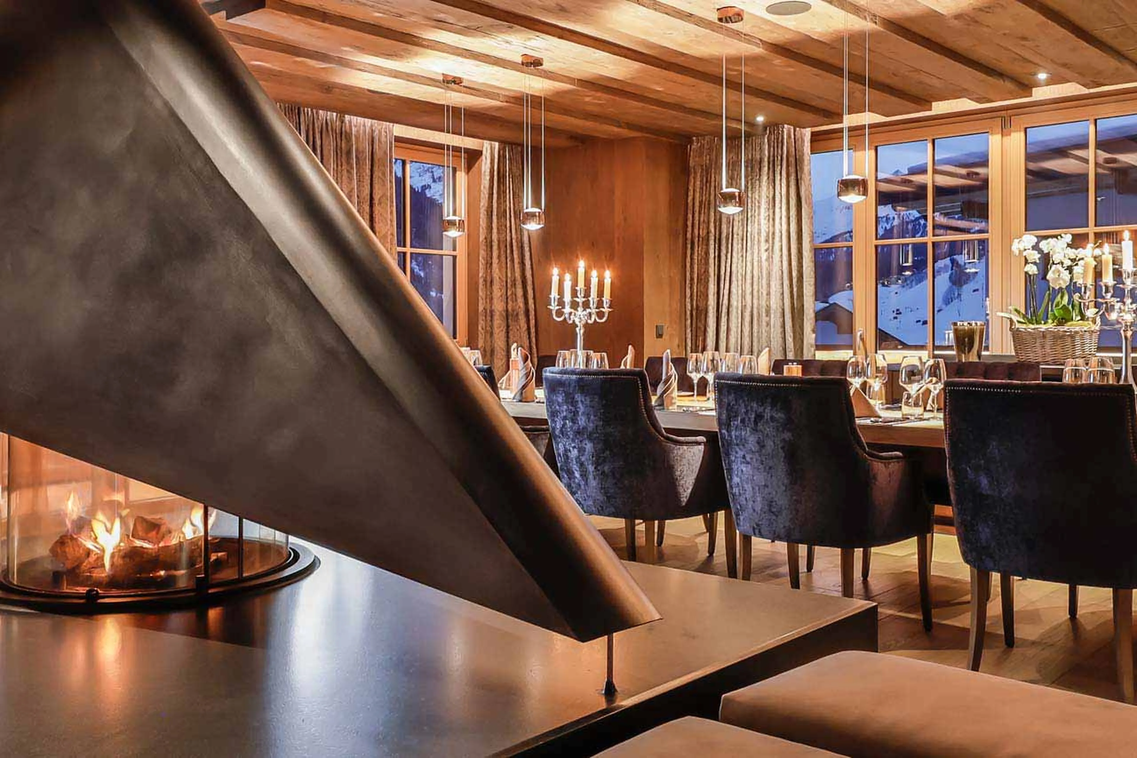 Central fireplace at Chalet Lena in St Anton