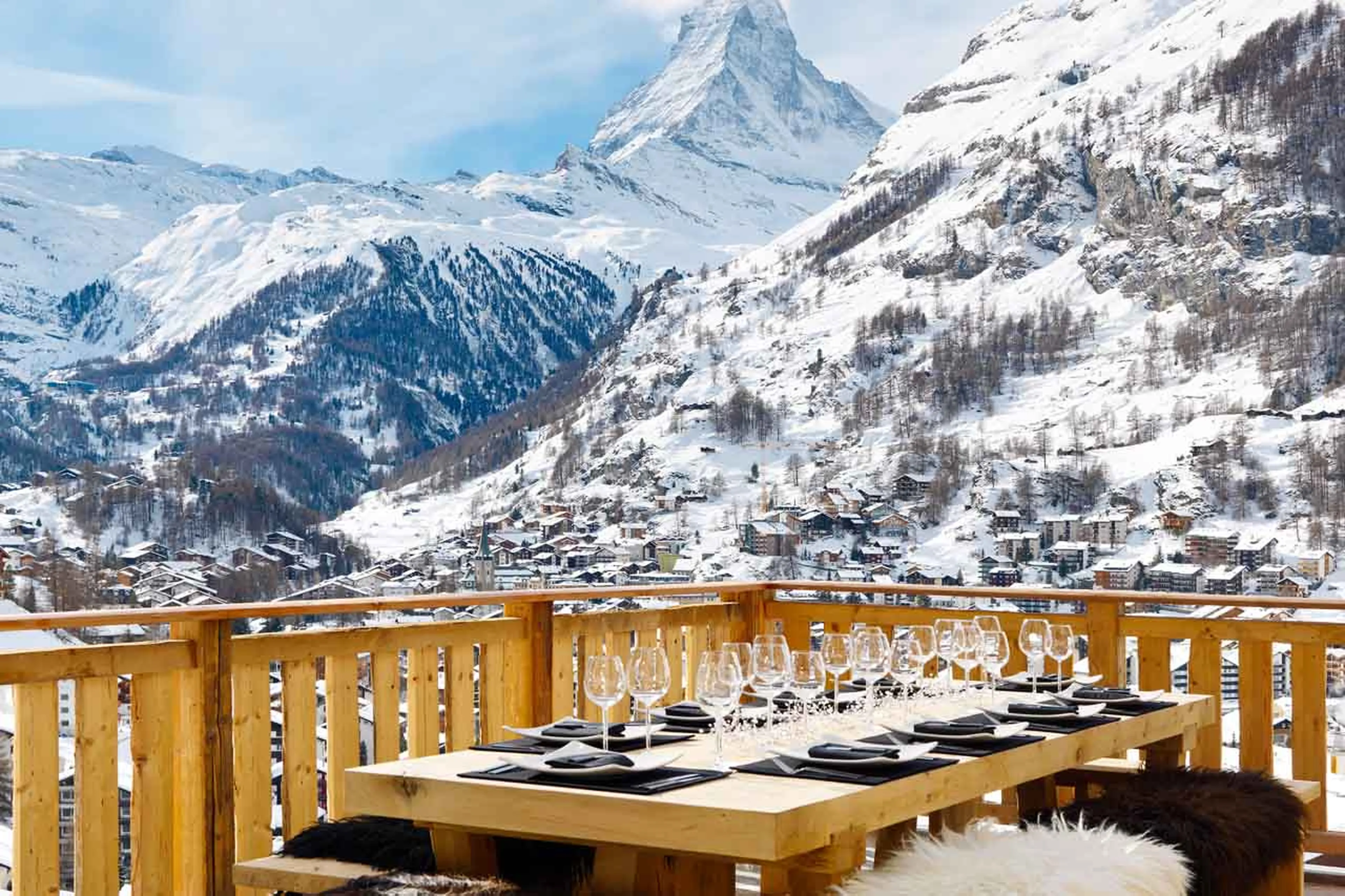 Terrace view of Matterhorn at Chalet Les Anges in Zermatt