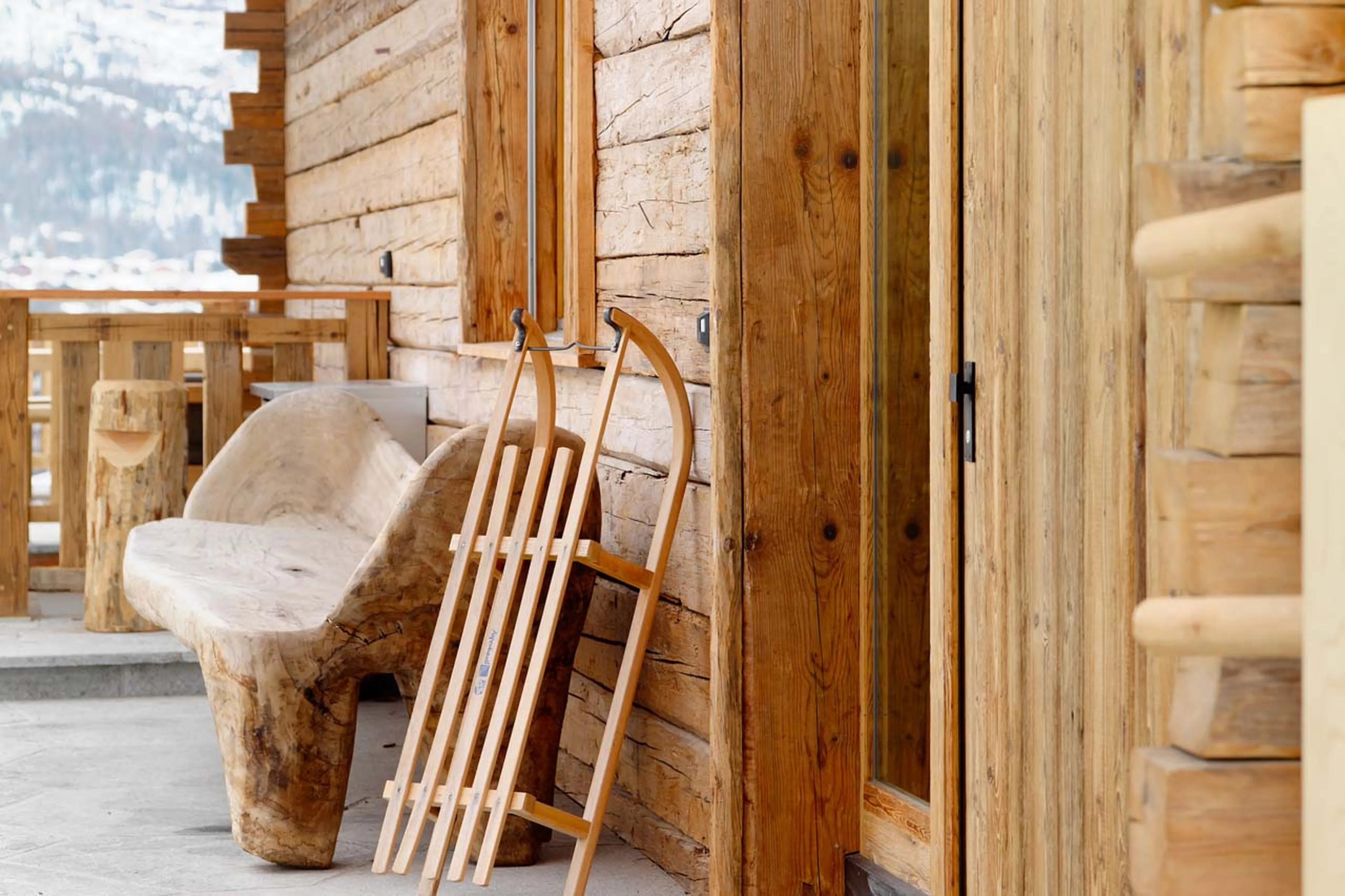 Sledge on terrace of Chalet Les Anges in Zermatt