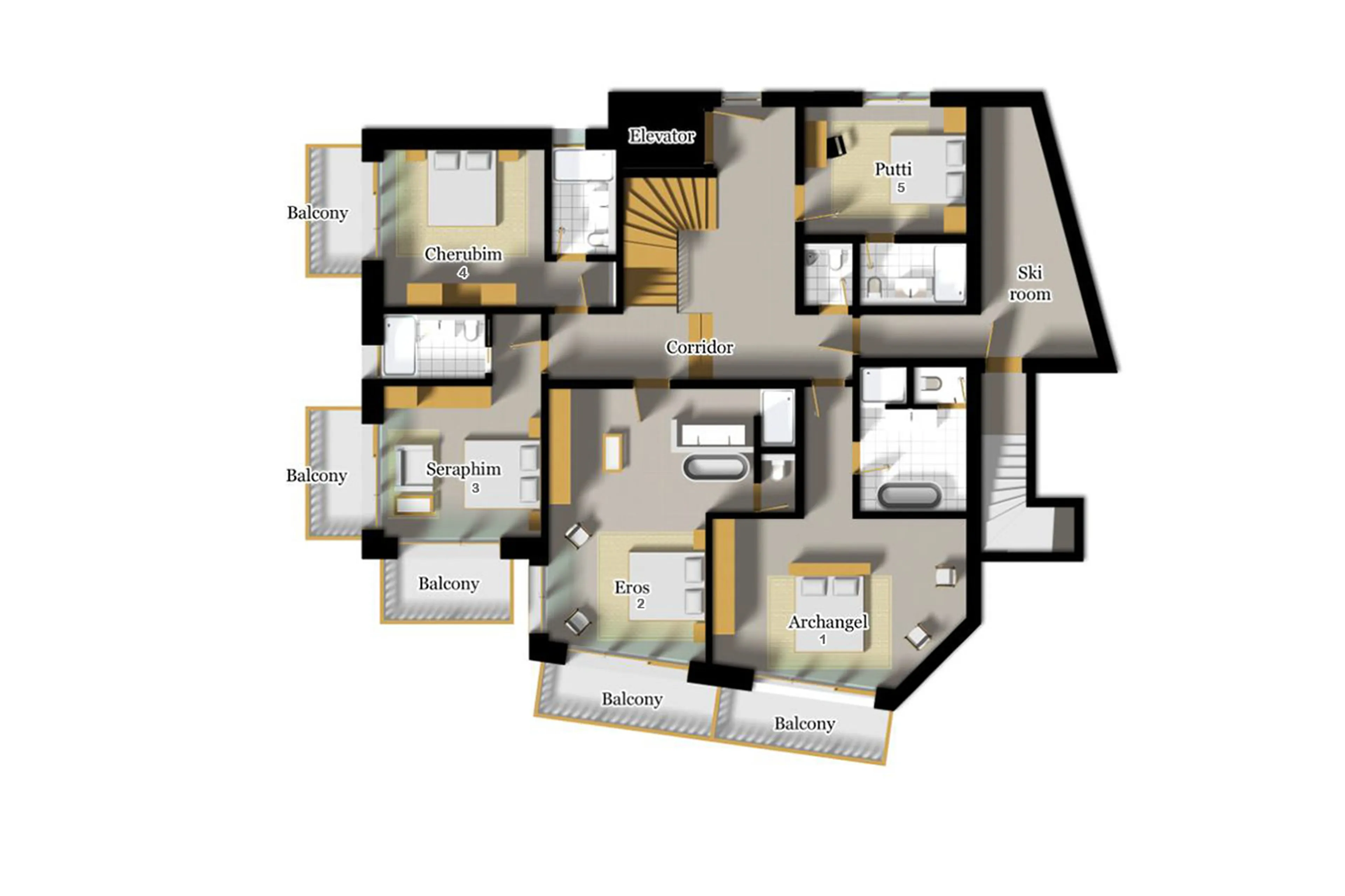 Floor plan of first floor at Chalet Les Anges in Zermatt