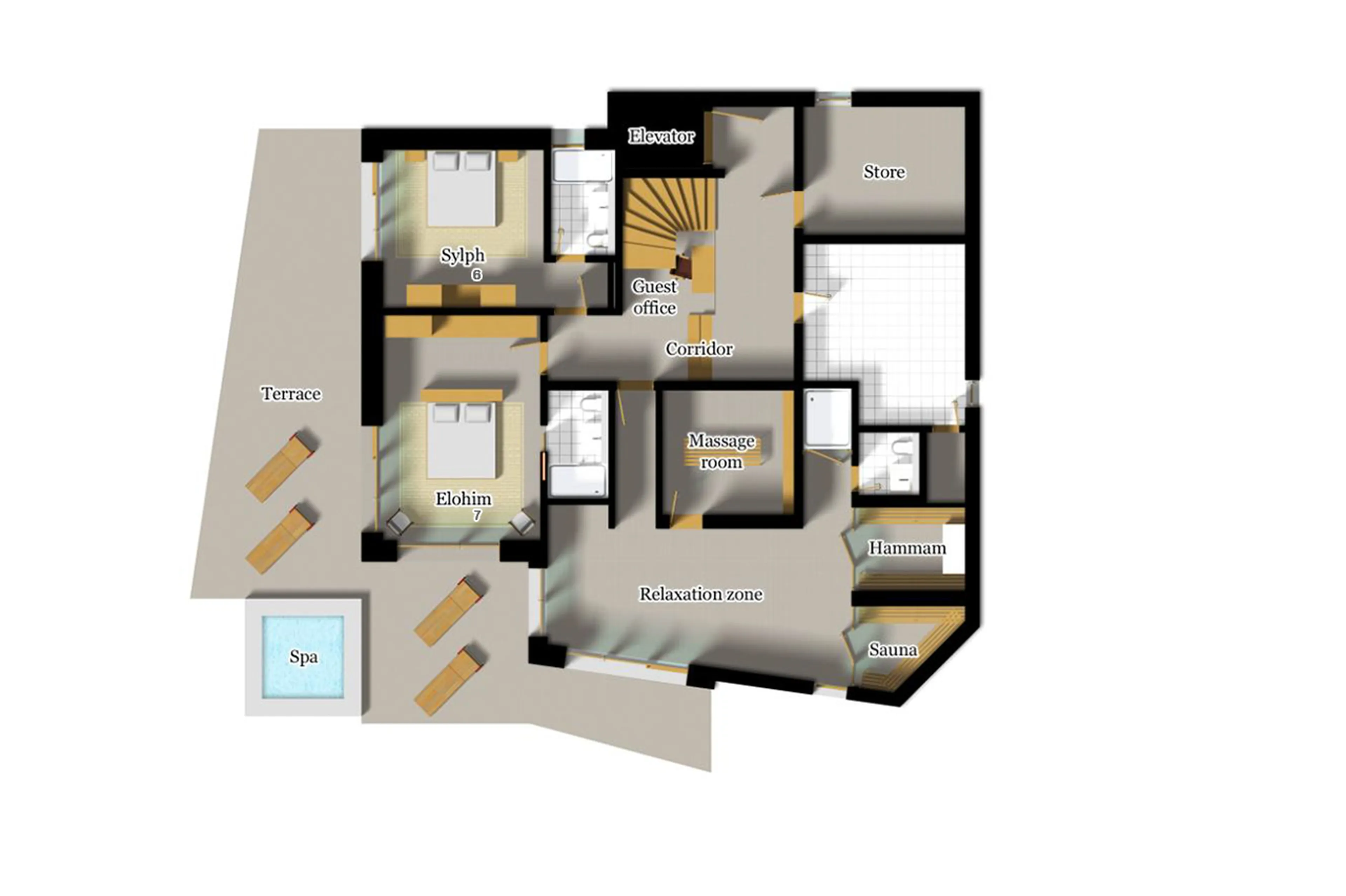 Floor plan of ground floor at Chalet Les Anges in Zermatt