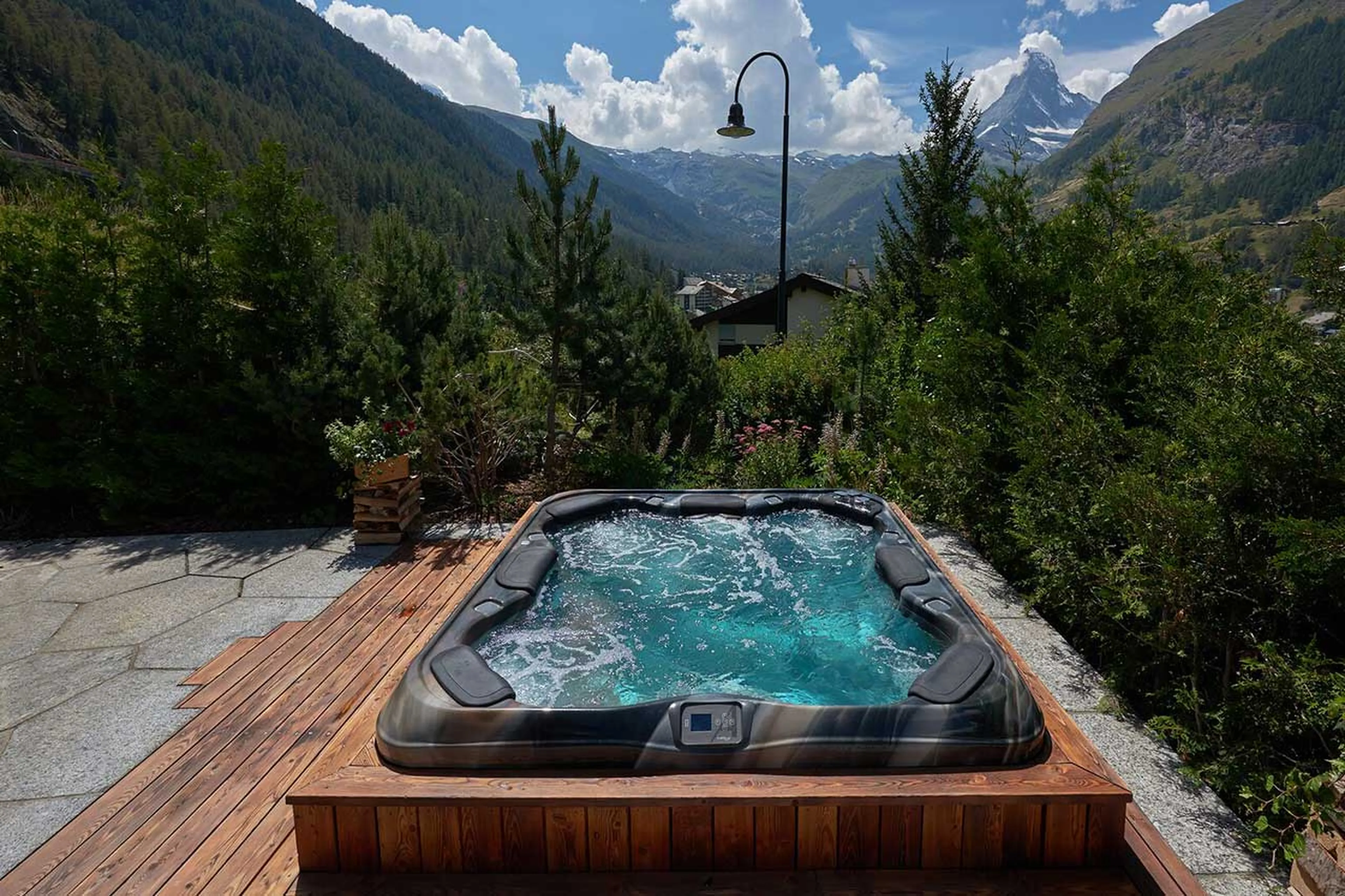 Matterhorn view from hot tub at Chalet Les Anges in Zermatt