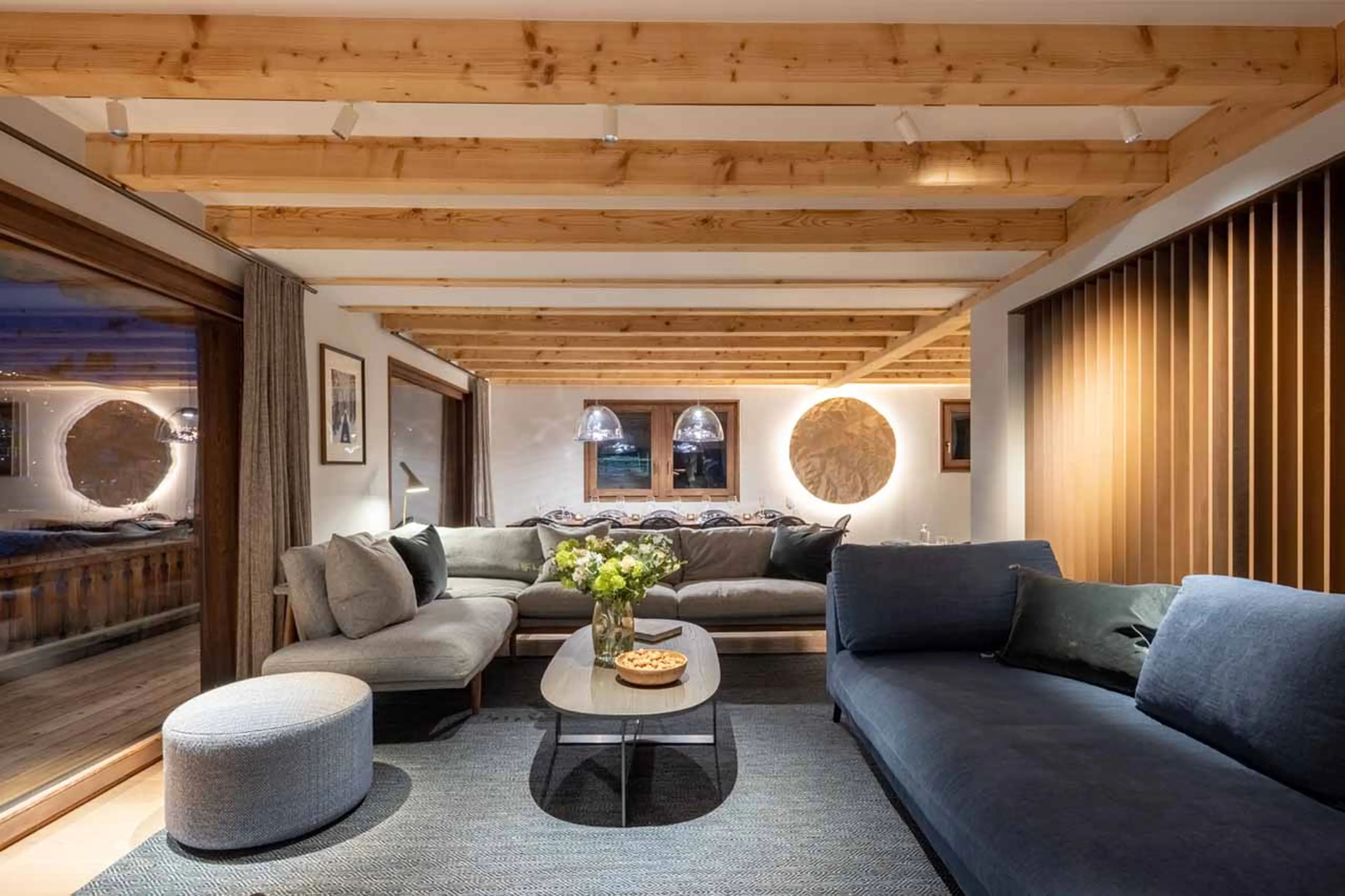 Ample seating in living room of Chalet Les Attelas in Verbier