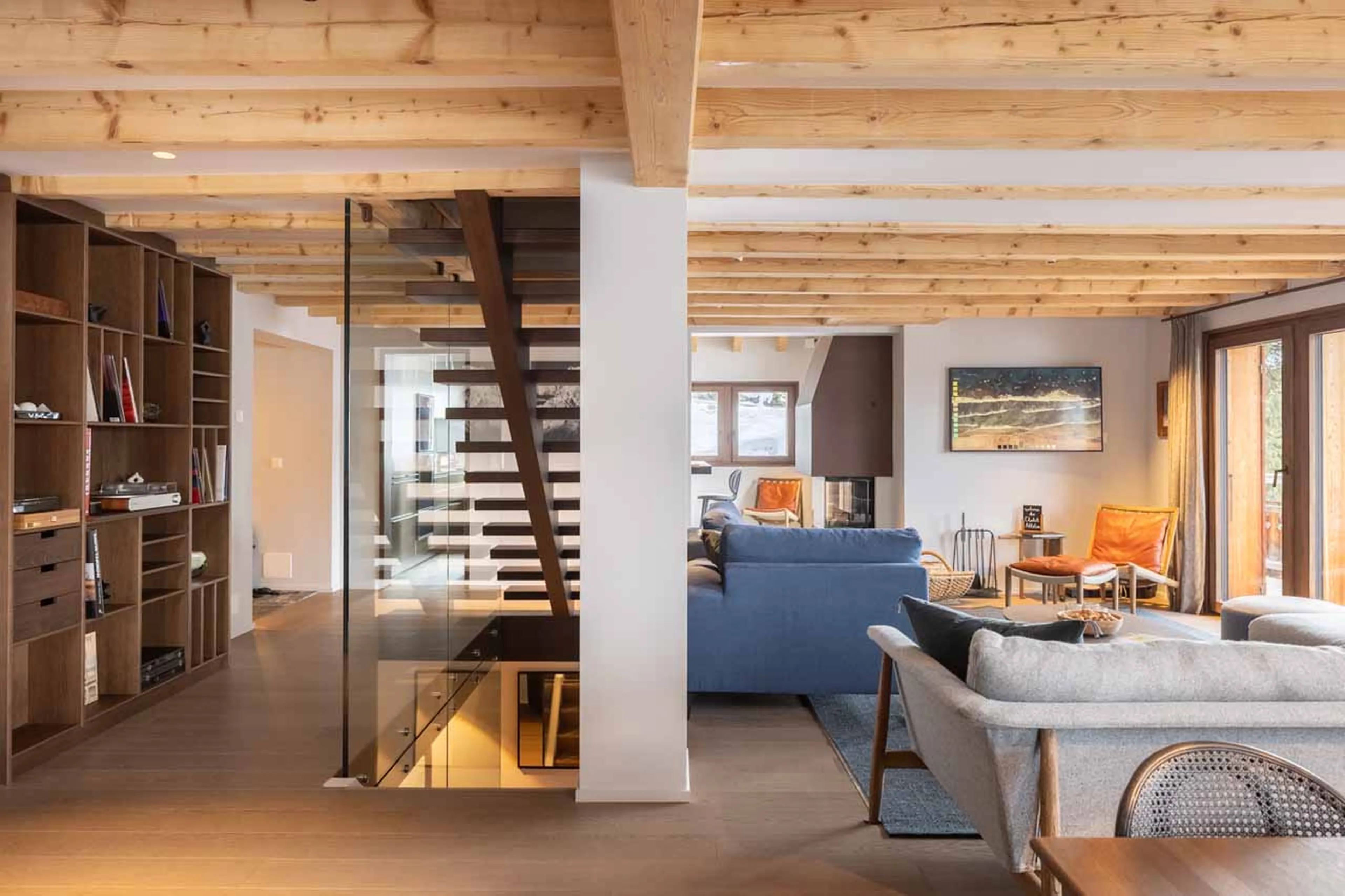 Fireplace in living area of Chalet Les Attelas in Verbier