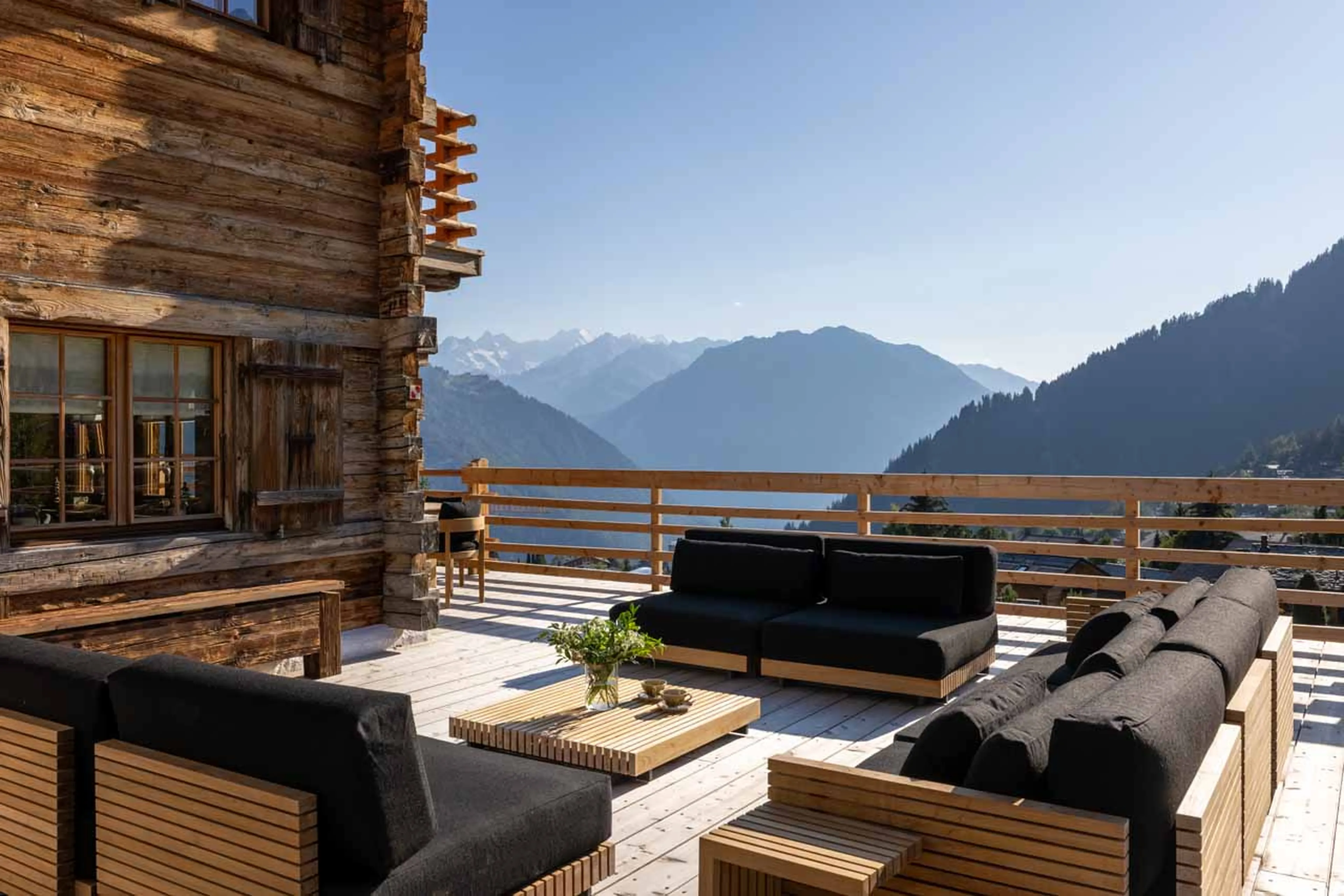 Balcony sofas at Chalet Les Etoiles d'Amon in Verbier