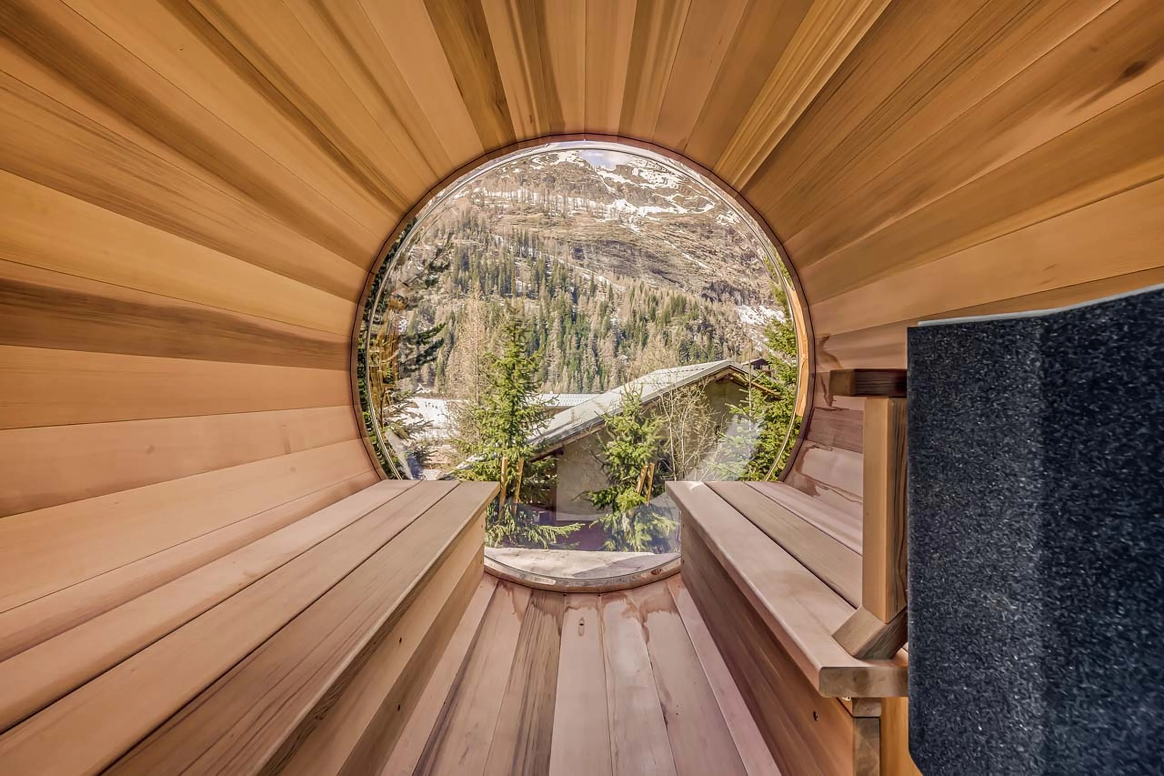 Interior of barrel sauna in Chalet Les Sources de la Davie, Tignes