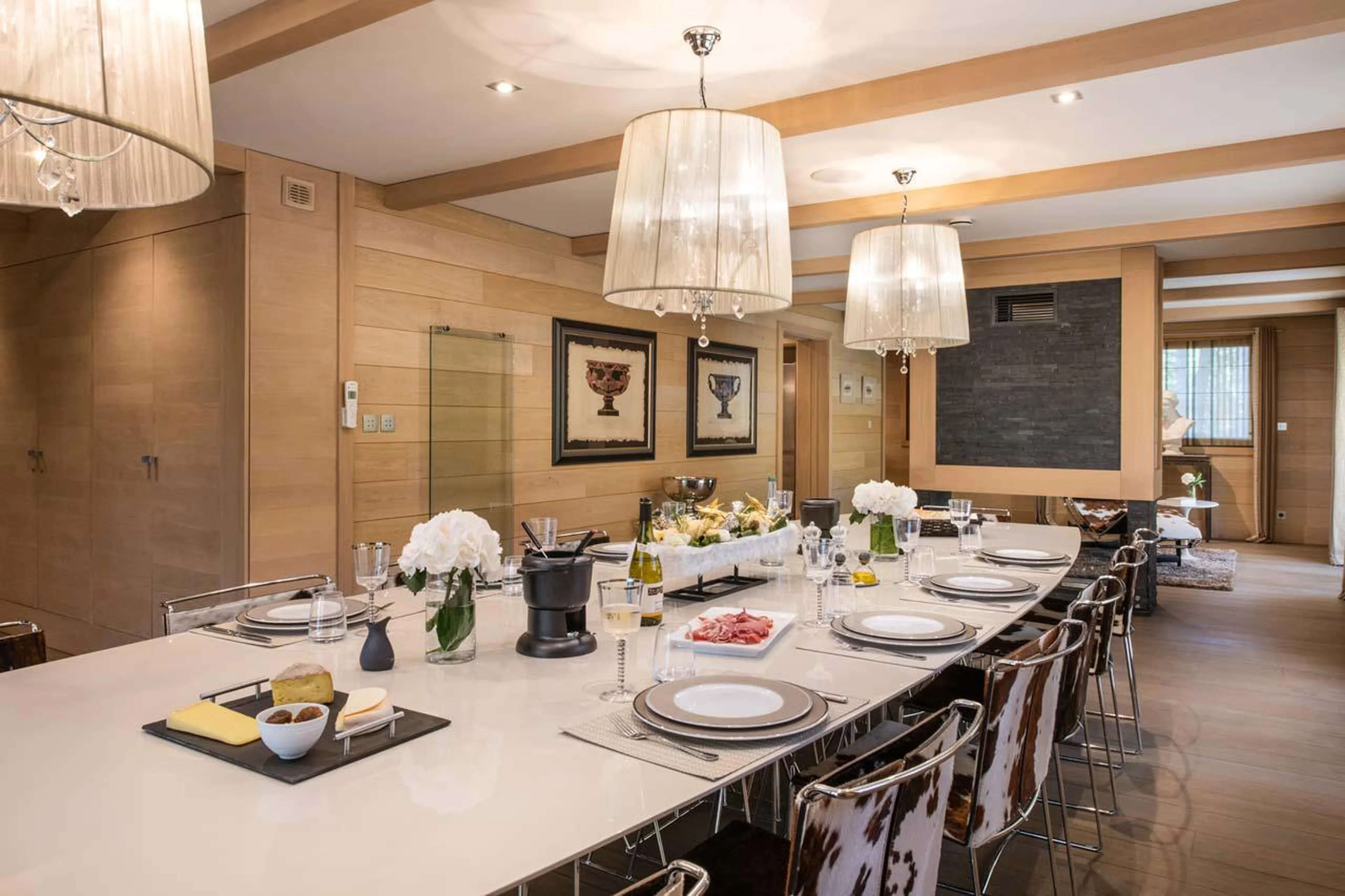 Dining area with ethanol fire place in Chalet Licorne des Neiges in Courchevel 1650